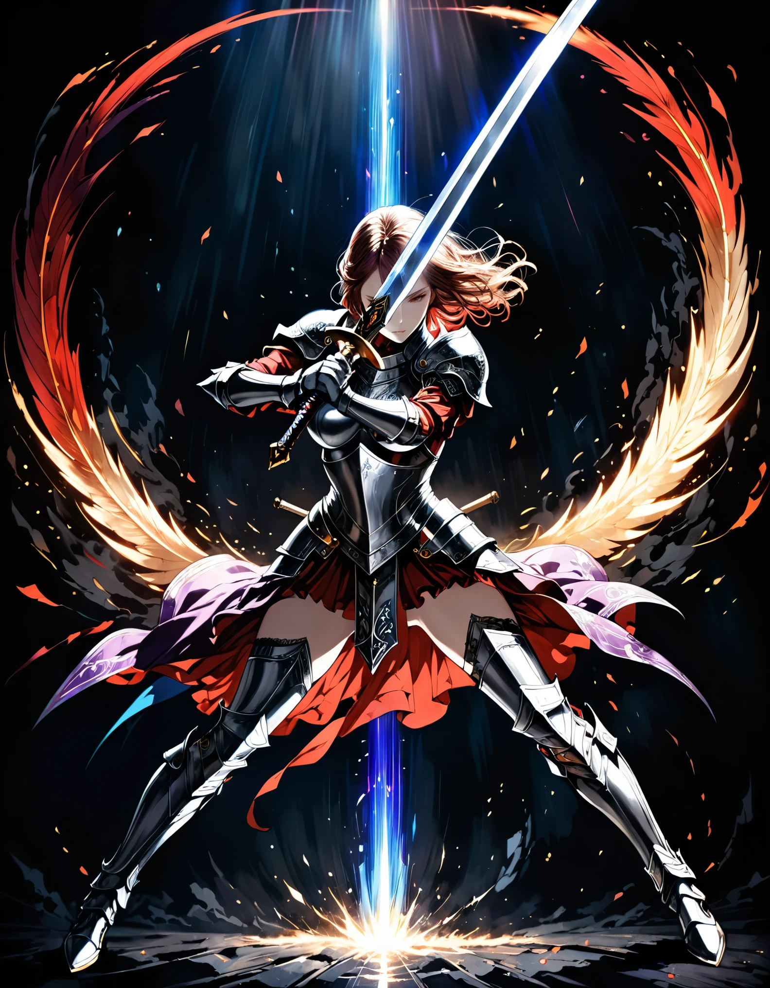 in style of Santiago Caruso,in style of Harry Clarke,best quality, masterpiece, high resolution, 1girl,cowboy shot,knight,Diffuse gradient armor,Wide spectrum gradient,Light effects surrounding the girl,((Combat Action,Legs sinking,bend over,Accumulating power,Holding a big sword with both hands,Dynamic lens,Dynamic Action)),The arc of the wind shows the feeling and momentum of swinging a sword,(Motion Blur),blur background,Shines brightly,vivid color,Tyndall effect,Reality, Dark Studio, Edge lighting, Two-tone lighting,(High Detail Skin:1.2),
