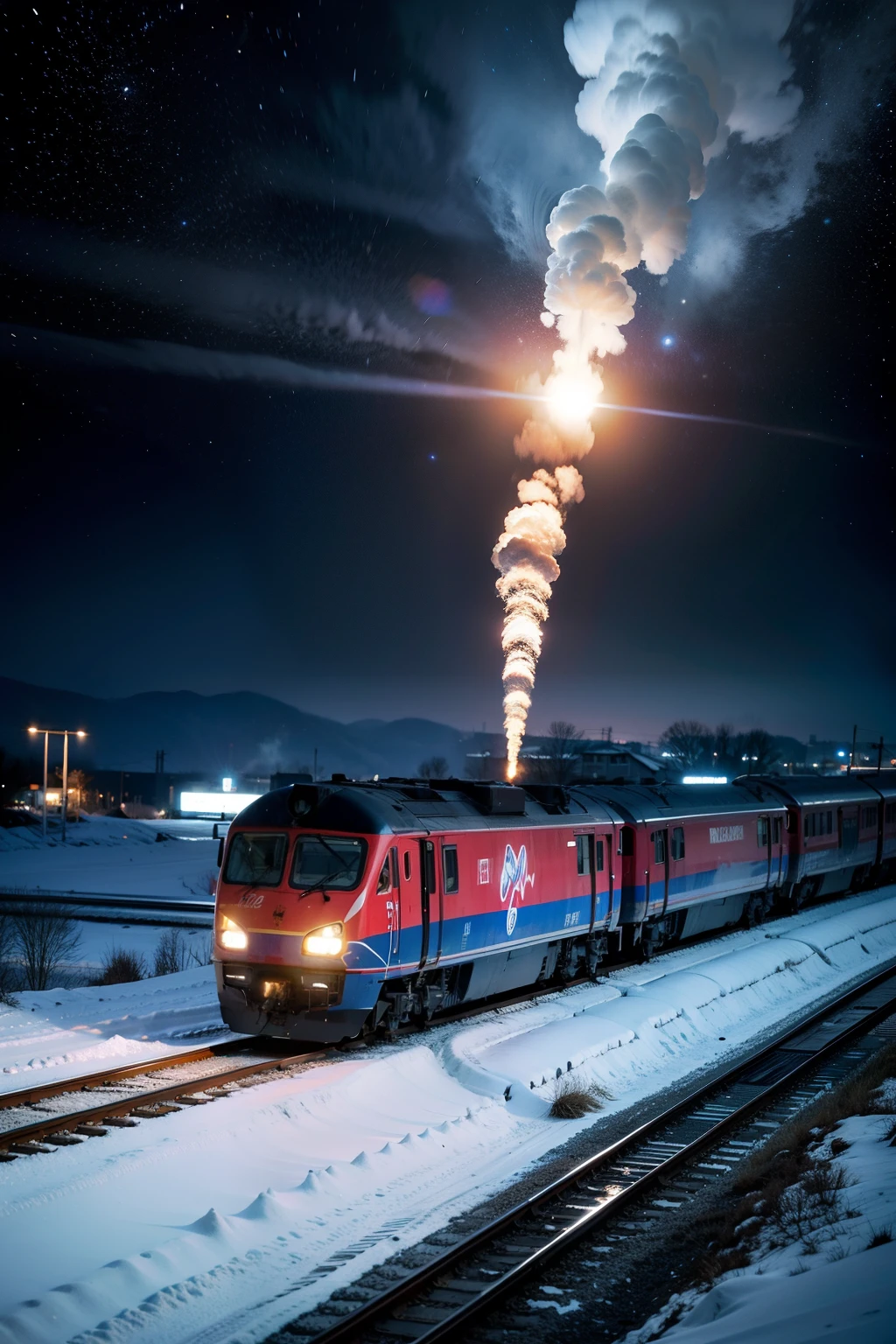 A train running on ice,Galaxy Background,Realistic style,Vision