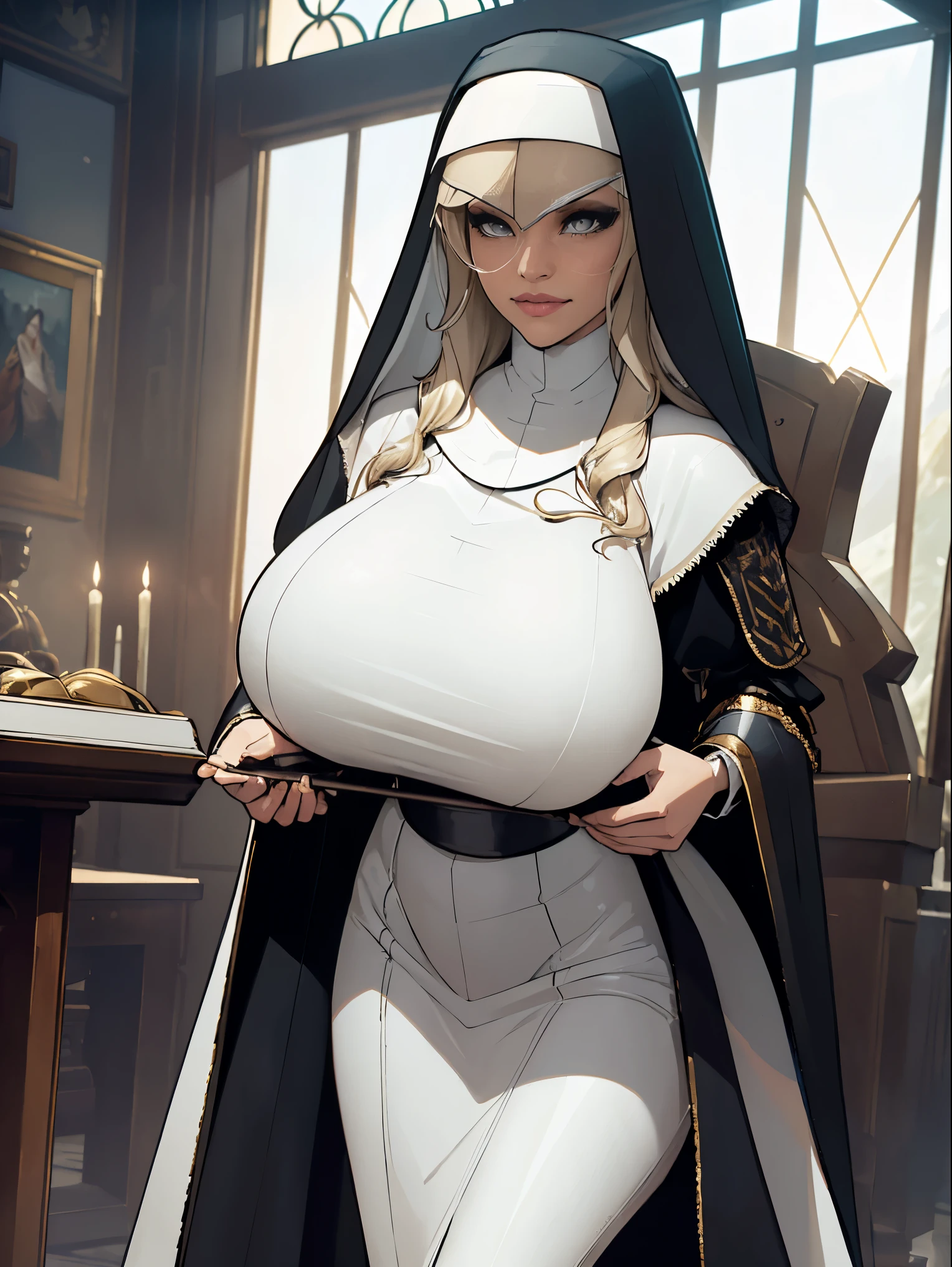 (masterpiece, top quality, best quality, official art, beautiful and aesthetic:1.2), (1girl:1.3), ((Sharp facial features, sharp features, hawkish features)), ((grey eyes)), busty paladin knight girl, extremely detailed, portrait, looking at viewer, solo, (full body:0.6), detailed background, full-body shot, (cold mountain nighttime glacier theme:1.1), holy knight, (nun), charlatan, smirk, mysterious, swaying in mountains, armor, polished metal, gold trim, long boots, white fabric, pelvic curtain, robe, pale leather, ((((nun, crossbow, heavy armor, armored, long legs, robes, prayer scrolls, toned, muscular)))), slim waist, slim hips, long legs, medieval (mountain exterior:1.1) background, dark mysterious lighting, shadows, magical atmosphere, dutch angle