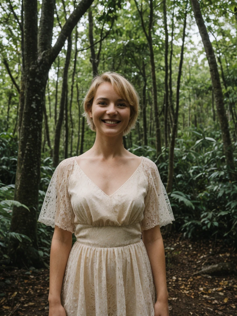 Camille Durand, 1girl, solo, realistic, photorealistic, high quality picture, 8k, high resolution, detailed quality, film grain, natural photo, ultrarealistic, (((25-years-old))), ((detailed wrinkles in her face)), (((Seychelles woman))), (Background: forest ground in Canada), (blonde Short hair)), Light smile, mesh see through dress, night, upper body and upper legs