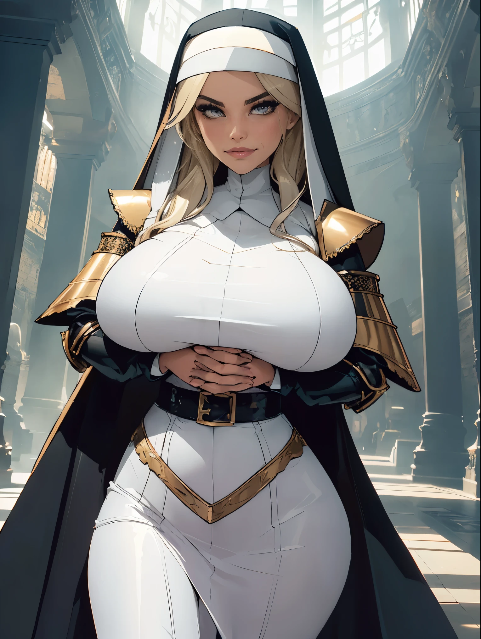 (masterpiece, top quality, best quality, official art, beautiful and aesthetic:1.2), (1girl:1.3), ((Sharp facial features, sharp features, hawkish features)), ((grey eyes)), busty paladin knight girl, extremely detailed, portrait, looking at viewer, solo, (full body:0.6), detailed background, full-body shot, (cold mountain nighttime glacier theme:1.1), holy knight, (nun), charlatan, smirk, mysterious, swaying in mountains, armor, polished metal, gold trim, long boots, white fabric, pelvic curtain, robe, pale leather, ((((nun, crossbow, heavy armor, armored, long legs, robes, prayer scrolls, toned, muscular)))), slim waist, slim hips, long legs, medieval (mountain exterior:1.1) background, dark mysterious lighting, shadows, magical atmosphere, dutch angle