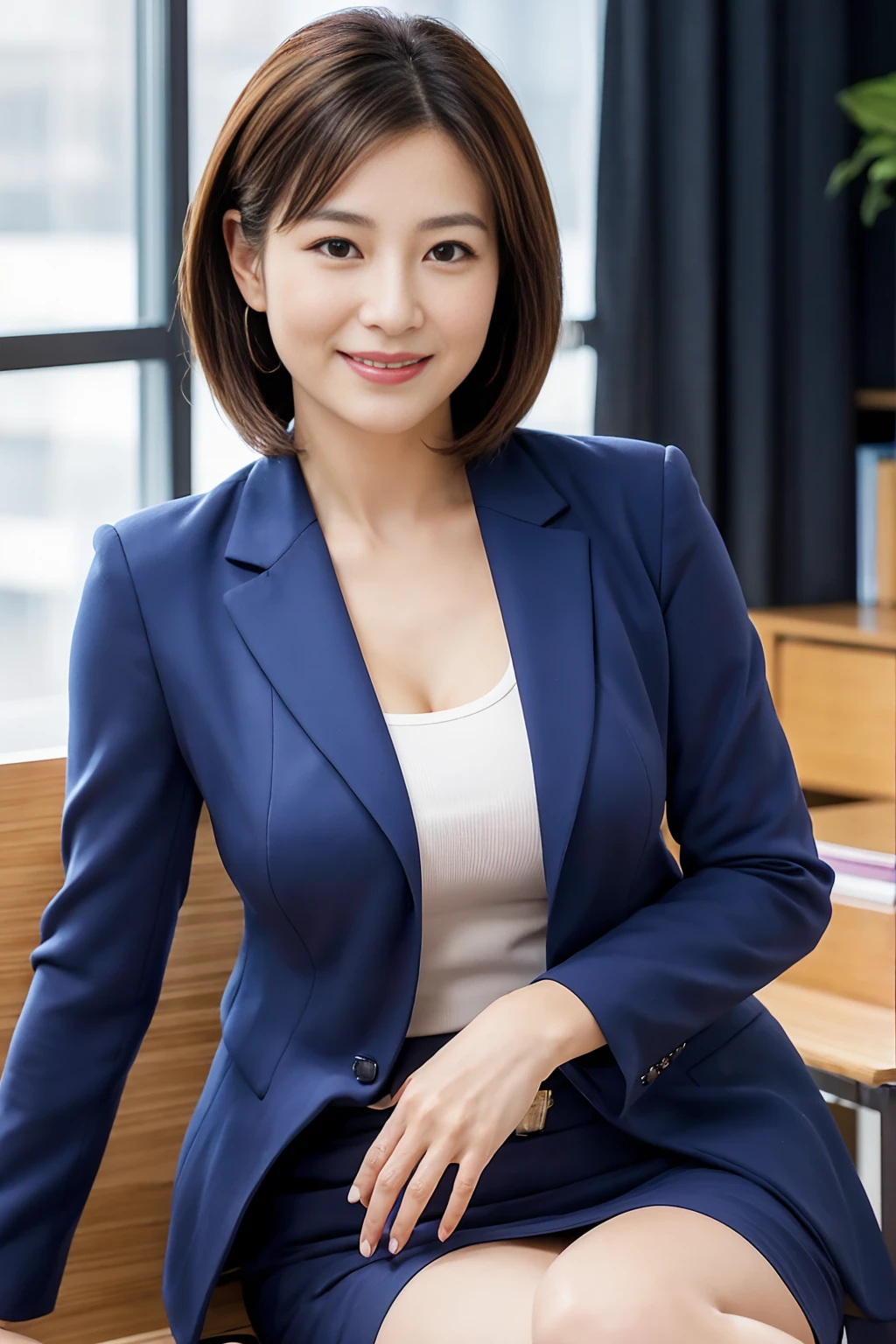 Please generate a close-up image of a beautiful Japanese female president in her 40s with a seductive smile.。She is wearing a tight, smart suit.、Cleavage、Thighs、It emphasizes the buttocks。The hair is elegantly styled、Has an air of confidence and authority。The background is a softly blurred modern office、The warm lighting highlights her features.。The makeup is perfect、特に目と唇に重点を置いて彼女のcharmを引き立てています。Confident、She has a slightly mysterious look、Elegance、charm、And it exudes strength.。The suit fit her body perfectly.、Show off your curves but still look polished and professional。スーツは彼女のCleavageをエレガントに見せ、Thighsやお尻の曲線を強調するようにしてください。