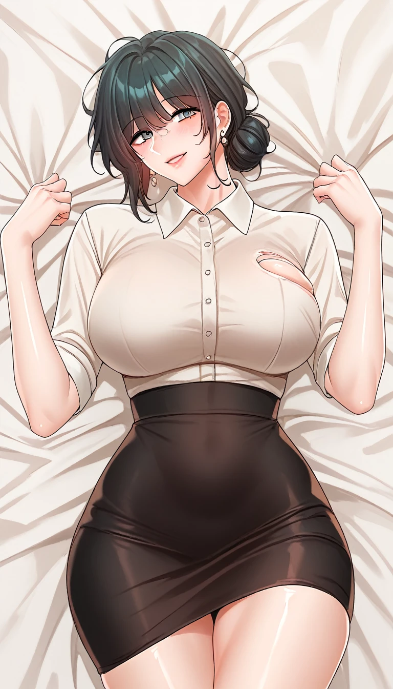 score_9,score_8_up,score_7_up, source_anime, looking at viewer, smile, blush, cowboy shot fw.yerin, large breasts, pencil skirt, white collared shirt, earrings, jewelry, (Best quality:1.5), mature female, beautiful, black hair, Messy hair bun, colorful, full-body, (white bed sheet:1.2), dakimakura, lying on bed, detailed female body, torn stoking, finely detailed eyes and detailed face, (skindentation), lustrous skin, large breasts, wide hips, anime nose