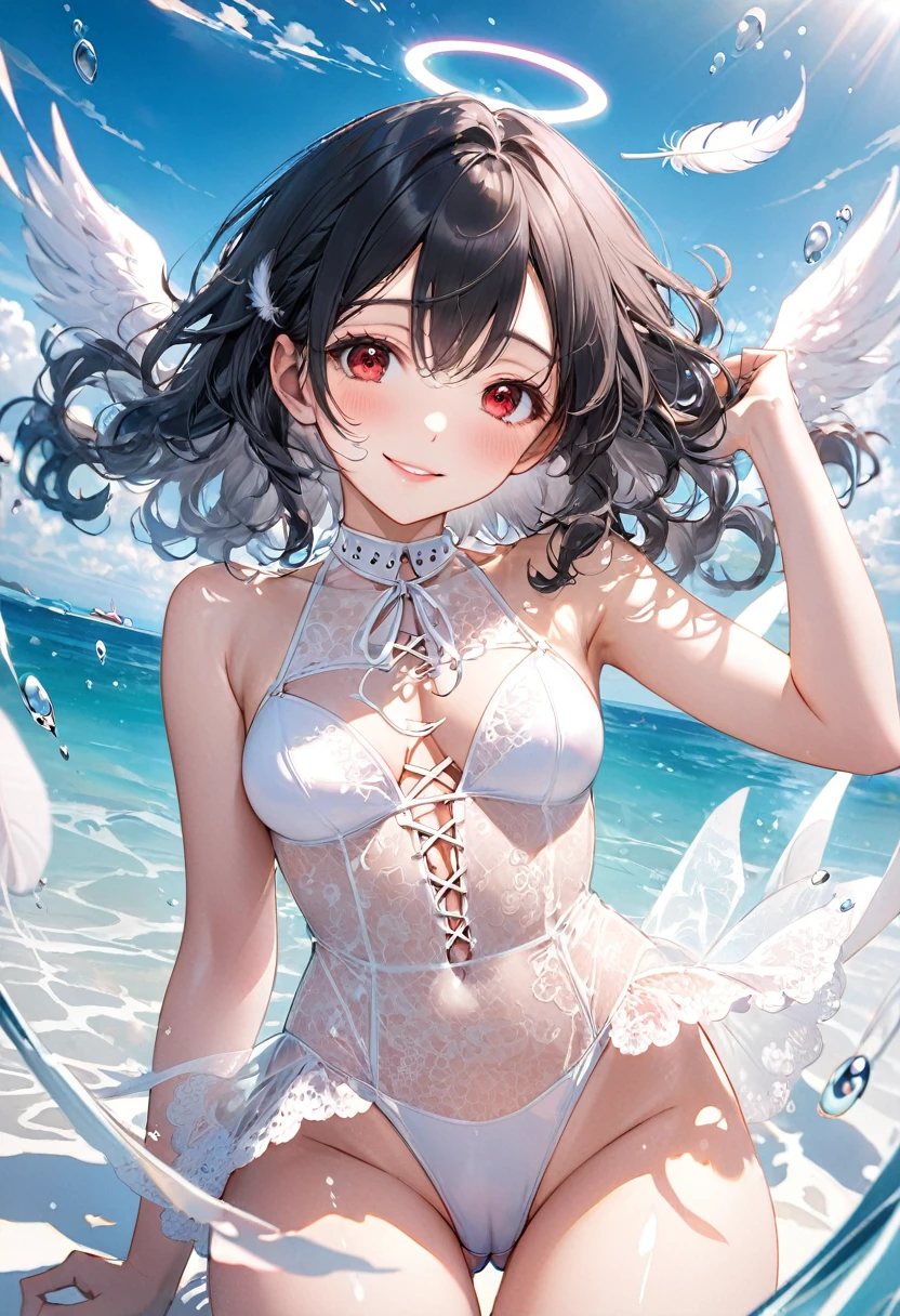 (full body, pov angel swimsuit style), (solo:2, 15 yo, curly:1.3 black hair long hair lovely girl, sexy red eyes, love smile, medium:1.1 tits, glossy lip), (in a white lace up leotard swimsuit, double exposure White Feather), break, in the Swimsuit contest venue, background Double Exposure beautiful ocean and feather, BREAK, perfect anatomy, masterpiece, best quality, 16k, beautiful detailed love, sexy, daydreaming expression.
