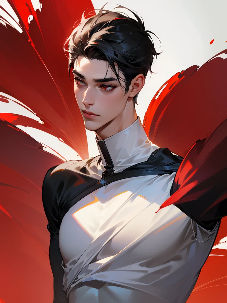 1 boy,,handsome,,Muscular,,twink,,big amrs,,,,students,,black hair,, with white strands,,red eyes,,lookinng seductively,,wearing a uniform,,juicy neck,, smooth skin,,long lashes,, pretty boy esthetic,, Red inviroment,,, 3/4 face viewA handsome boy with charming black hair and white strands, red eyes looking seductively, wearing a , with a juicy neck, smooth skin, and long lashes, in a red environment, half body, 3/4 face view, (best quality,4k,8k,highres,masterpiece:1.2),ultra-detailed,(realistic,photorealistic,photo-realistic:1.37),HDR,UHD,studio lighting,ultra-fine painting,sharp focus,physically-based rendering,extreme detail description,professional,vivid color Half body