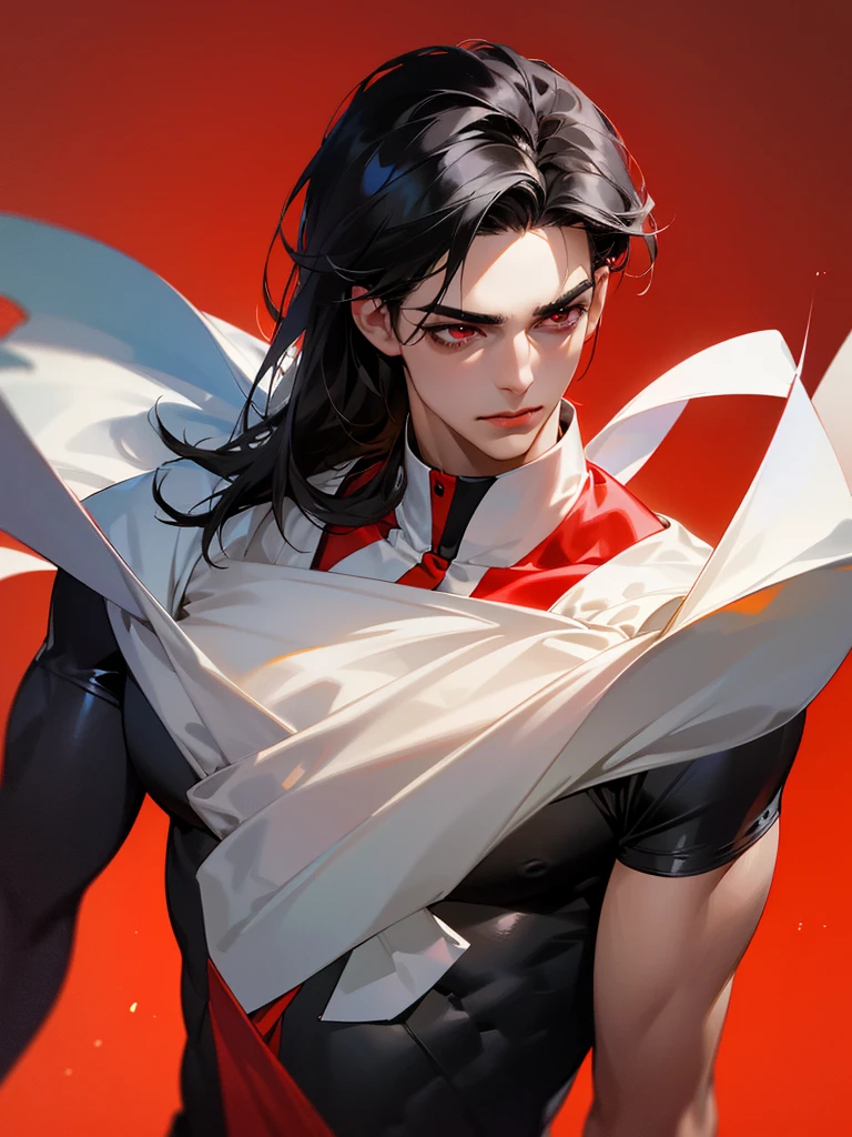 1 boy,,handsome,,Muscular,,twink,,big amrs,,,,students,,black hair,, with white strands,,red eyes,,lookinng seductively,,wearing a uniform,,juicy neck,, smooth skin,,long lashes,, pretty boy esthetic,, Red inviroment,,, 3/4 face viewA handsome boy with charming black hair and white strands, red eyes looking seductively, wearing a , with a juicy neck, smooth skin, and long lashes, in a red environment, half body, 3/4 face view, (best quality,4k,8k,highres,masterpiece:1.2),ultra-detailed,(realistic,photorealistic,photo-realistic:1.37),HDR,UHD,studio lighting,ultra-fine painting,sharp focus,physically-based rendering,extreme detail description,professional,vivid color Half body