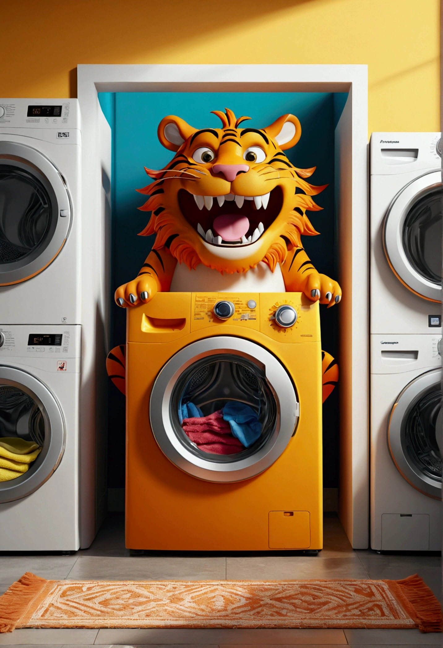 (design of character），monster washing machine with enthusiasm and joy while standing in front of a laundry, anthropomorphic sun, Mattresses are tiger, smiling, big shiny eyes, Fantastic，Eccentric，similar to a fairy tale, super detailing, pixel style, vibrant with colors, soft natural light, solid color backdrop, 5-octane rendering, a gorgeous, Ultra Wide Angle, 8k, high realism, 8k