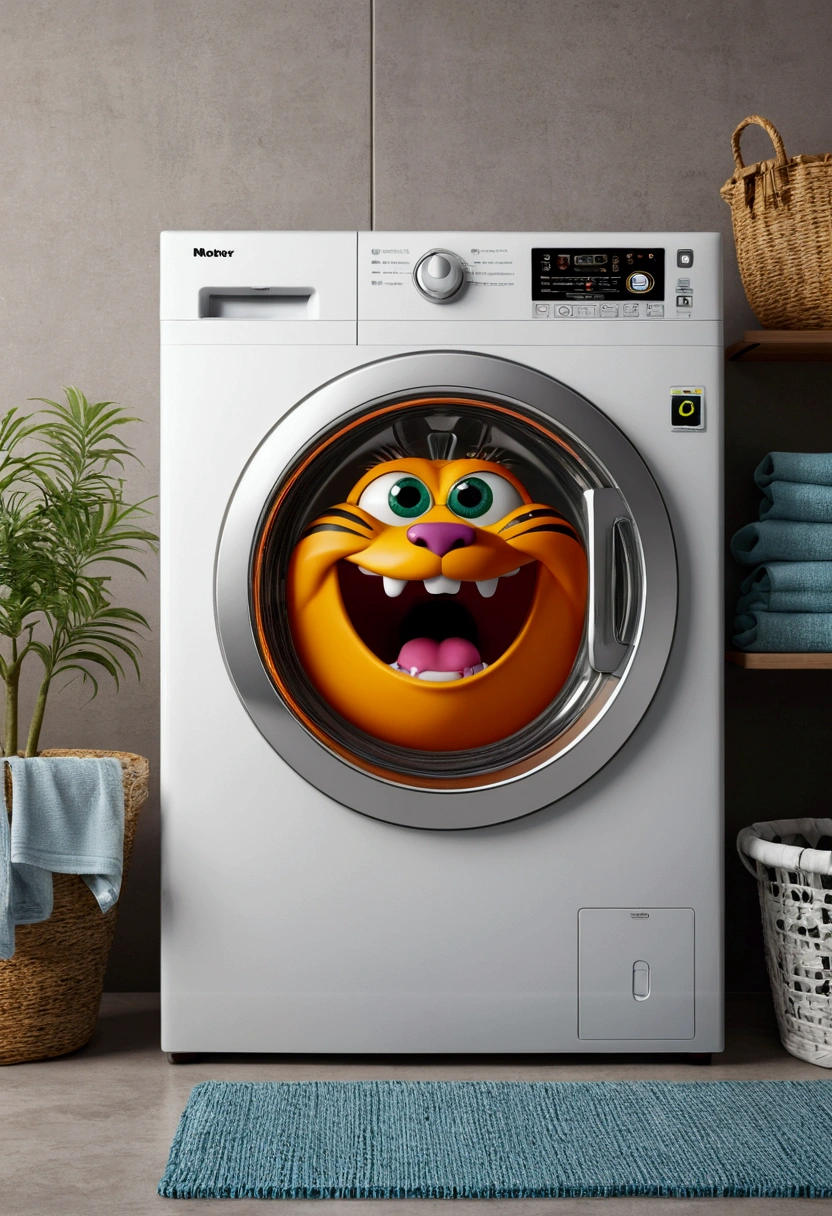 (design of character),monster washing machine with enthusiasm and joy while standing in front of a laundry, anthropomorphic sun, Mattresses are tiger, smiling, big shiny eyes, Fantastic,Eccentric,similar to a fairy tale, super detailing, pixel style, vibrant with colors, soft natural light, solid color backdrop, 5-octane rendering, a gorgeous, Ultra Wide Angle, 8k, high realism, 8k