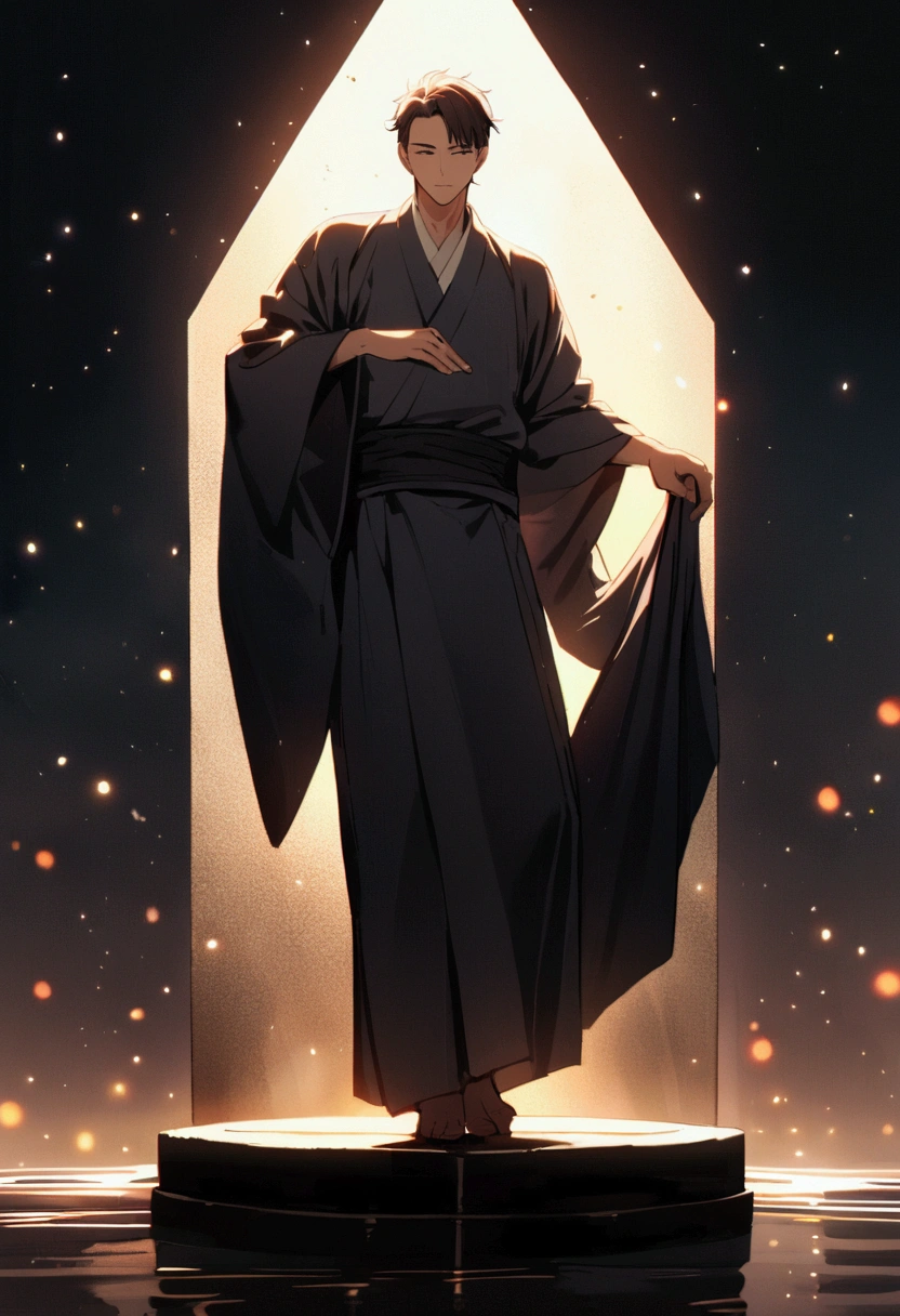 A man wearing a Japanese yukata raises his whole body with one hand