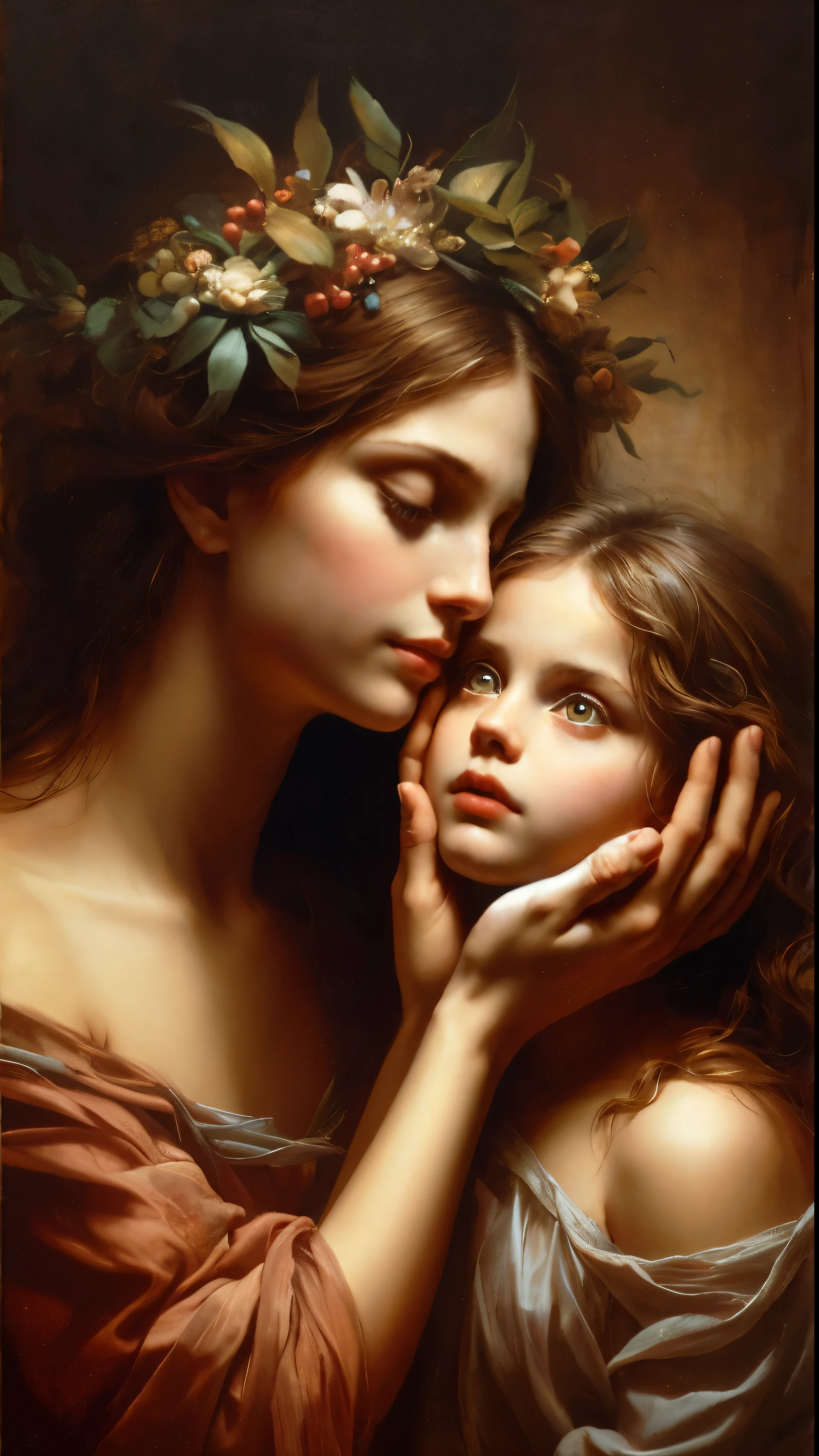 a Mother's love, holding a beautiful young lady's face in her hands, high detail, oil on canvas art style, painted by masters, professional photography, Caravaggio,