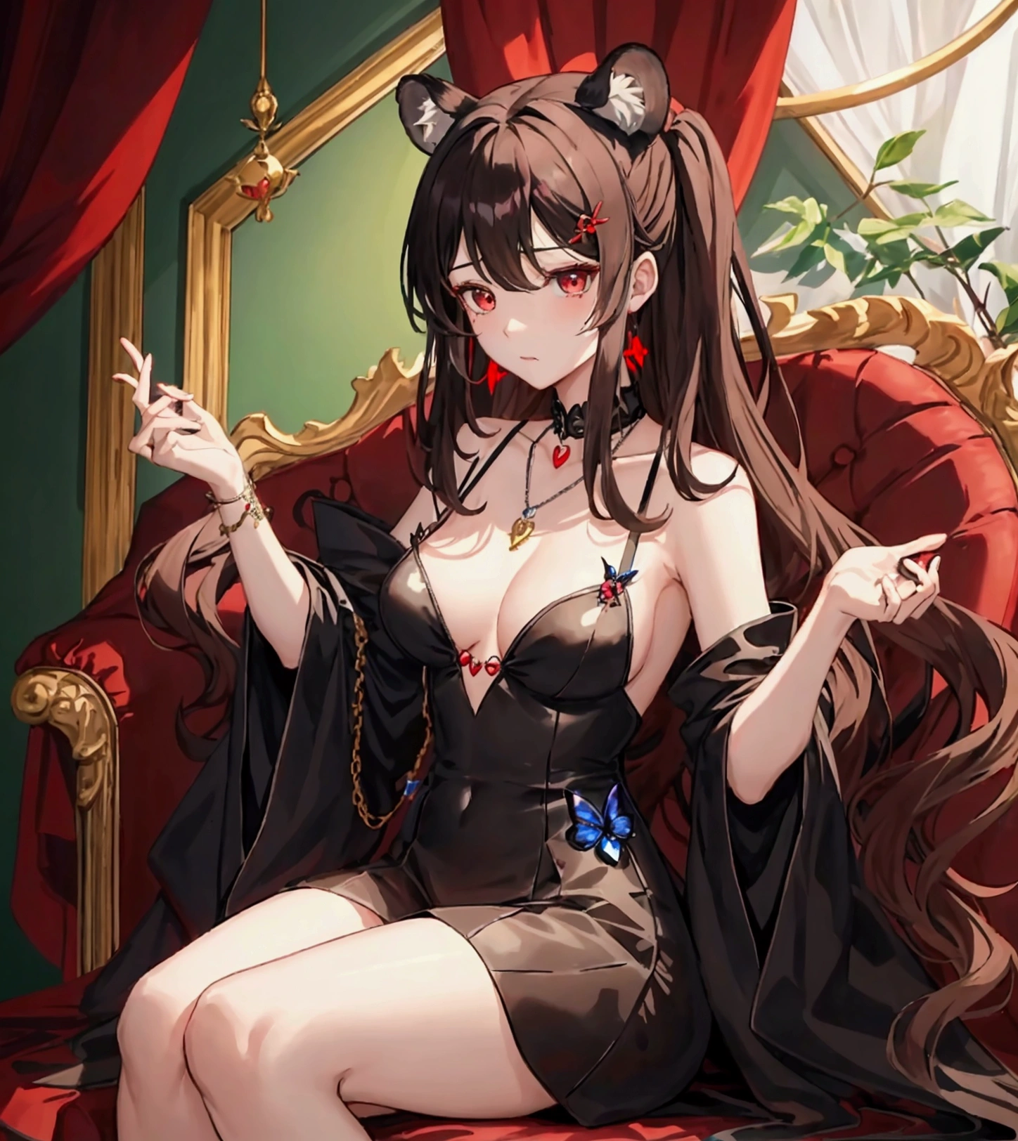 ((최고의 품질)), ((걸작)), (상세한), 여자 1명, 브라운 컬러 헤어 , Create an anime-style digital artwork of a character with long, sleek light brown hair and bright red eyes. The character is wearing a black dress, and accessories include a blue butterfly pendant necklace and a red heart-shaped hairpin. The character also has tiger ears and a tiger tail with brown and black stripes. The setting is a grand feast, with the character sitting and about to eat.