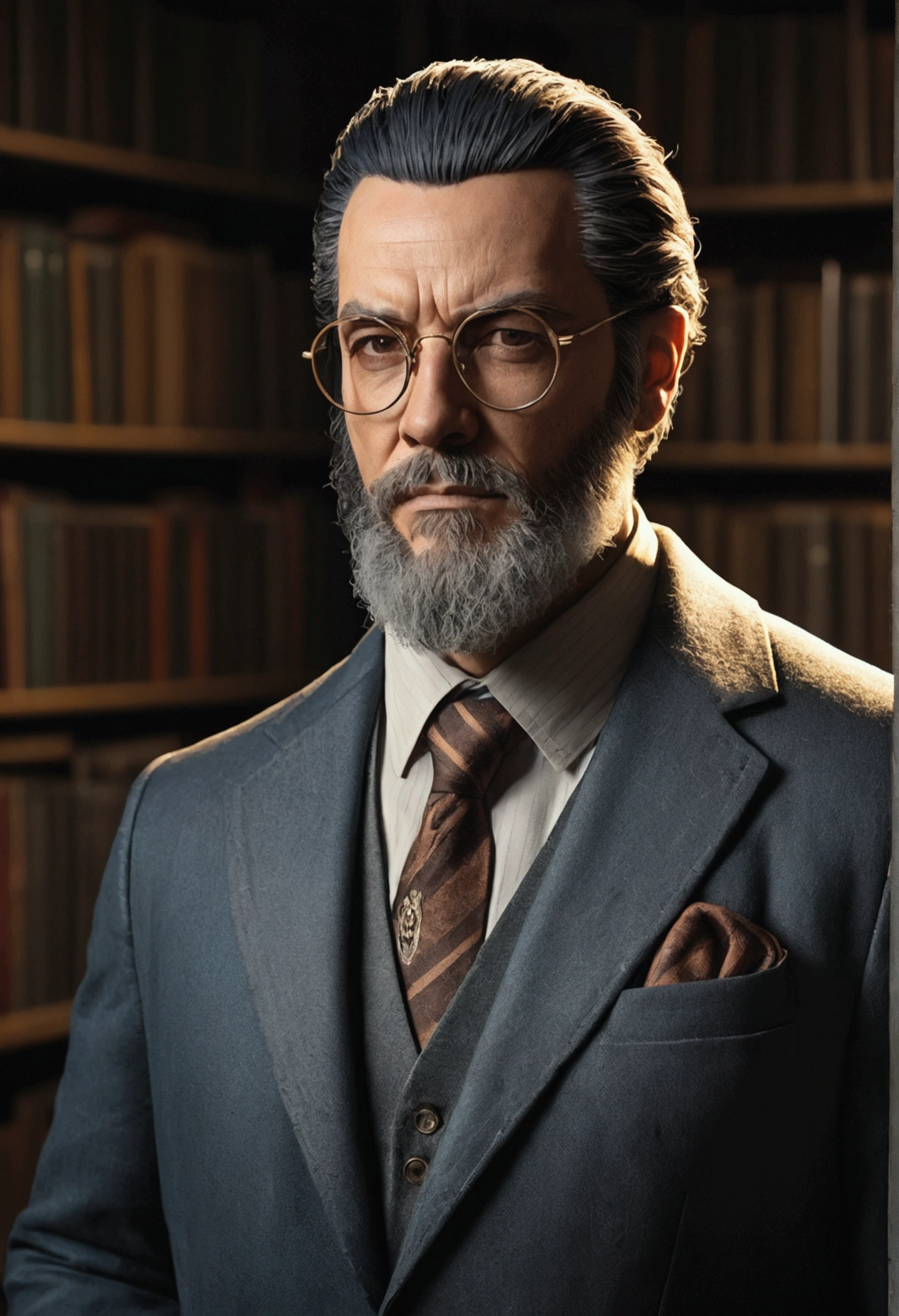 a man with glasses and a beard, wearing jacket and tie, portrait of professor sinister, inspirado em Max Magnus Norman, official character art, detailed Portrait of character, inspired by Nelson Alexander Ross, high-quality portrait, a Portrait of character, character disco elysium, star character, heroic portrait, crisp and clear RPG portrait, character art full body, Portrait of character, character selection portrait, I want him with his entire body standing in a library