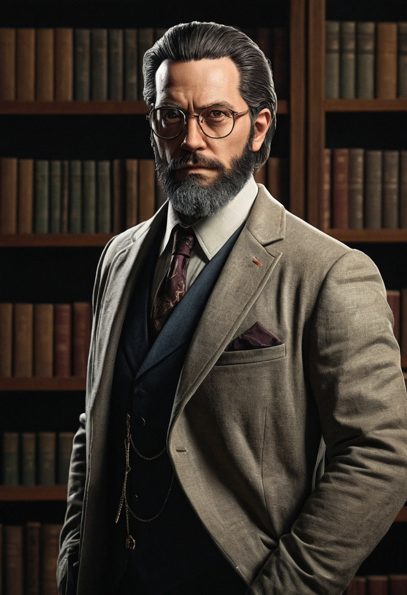 a man with glasses and a beard, wearing jacket and tie, portrait of professor sinister, inspirado em Max Magnus Norman, official character art, detailed Portrait of character, inspired by Nelson Alexander Ross, high-quality portrait, a Portrait of character, character disco elysium, star character, heroic portrait, crisp and clear RPG portrait, character art full body, Portrait of character, character selection portrait, I want him with his entire body standing in a library