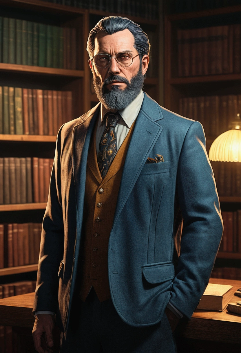 a man with glasses and a beard, wearing jacket and tie, portrait of professor sinister, inspirado em Max Magnus Norman, official character art, detailed Portrait of character, inspired by Nelson Alexander Ross, high-quality portrait, a Portrait of character, character disco elysium, star character, heroic portrait, crisp and clear RPG portrait, character art full body, Portrait of character, character selection portrait, I want him with his entire body standing in a library