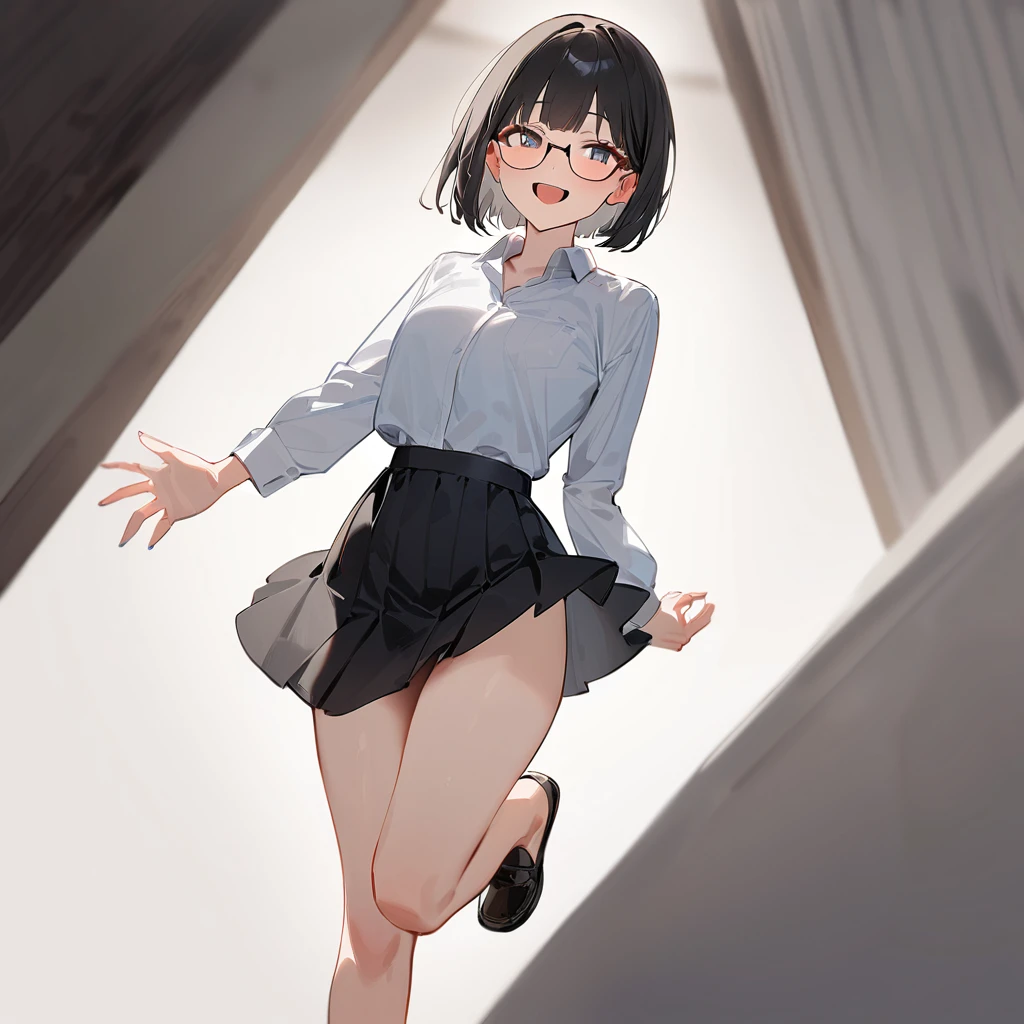 masterpiece, Highest quality, so beautiful, Absurd,
One girl, alone, Black Hair, Bobcut,
Thermont 16A, Glasses, 
Collared shirt, flare skirt、Happy, smile, Sticking out tongue、whole body、Standing with your legs apart、Standing on two legs、View your viewers, White Background, Simple Background,被写体のwhole bodyが映る、NSFW、One girl, alone,
 