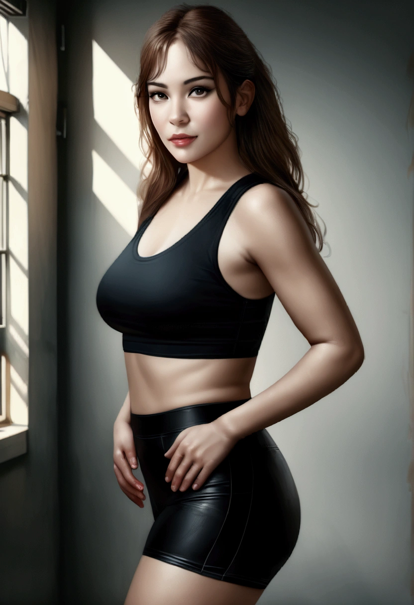a sexy beautiful woman, 1girl, black lycra shorts, pronounced ass, black top, large breasts, brown hair with brown highlights, cheerful expression, posing in a photo session, gym background, (best quality,8k,highres,realistic,photorealistic,photo-realistic:1.37), (cinematic,dramatic lighting), intricate details, ultra-detailed