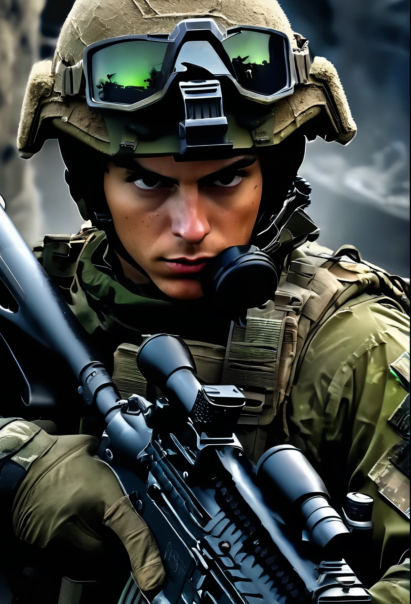 high quality, high definition images, full HD、8k.1 young man, Short brown hair in American combat uniform Wear a helmet deeply, holding a sniper rifle 、midnight city area, using a night vision goggle, pitch black The night vision light is green, Firing a gun from the rubble, 8k, HD, hyper detailed, anatomically correct