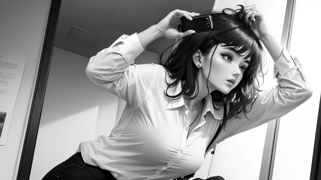 Black and white sketch,A person with messy hair,Hold the phone in your right hand,Lift your head and look up,White shirt,Black pants