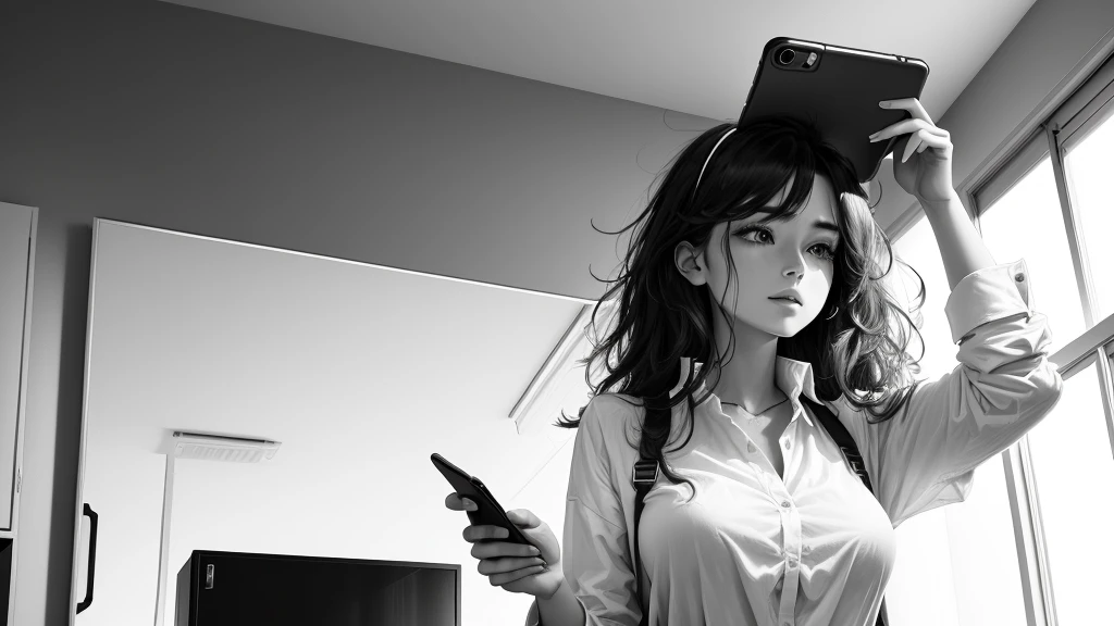 Black and white sketch,A person with messy hair,Hold the phone in your right hand,Lift your head and look up,White shirt,Black pants