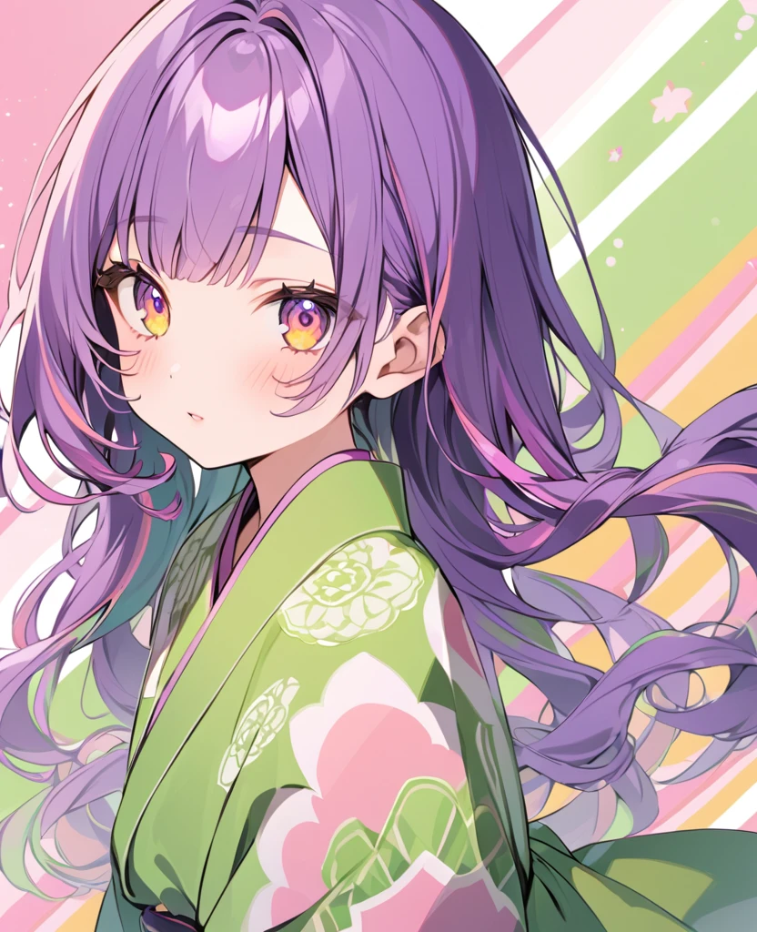 A purple haired girl with orange hair on tips, saffron couloured eyes ,in a green kimono that blended into pink at the ends , with pink patterns on green colour side and green patterns on pink coulred side
