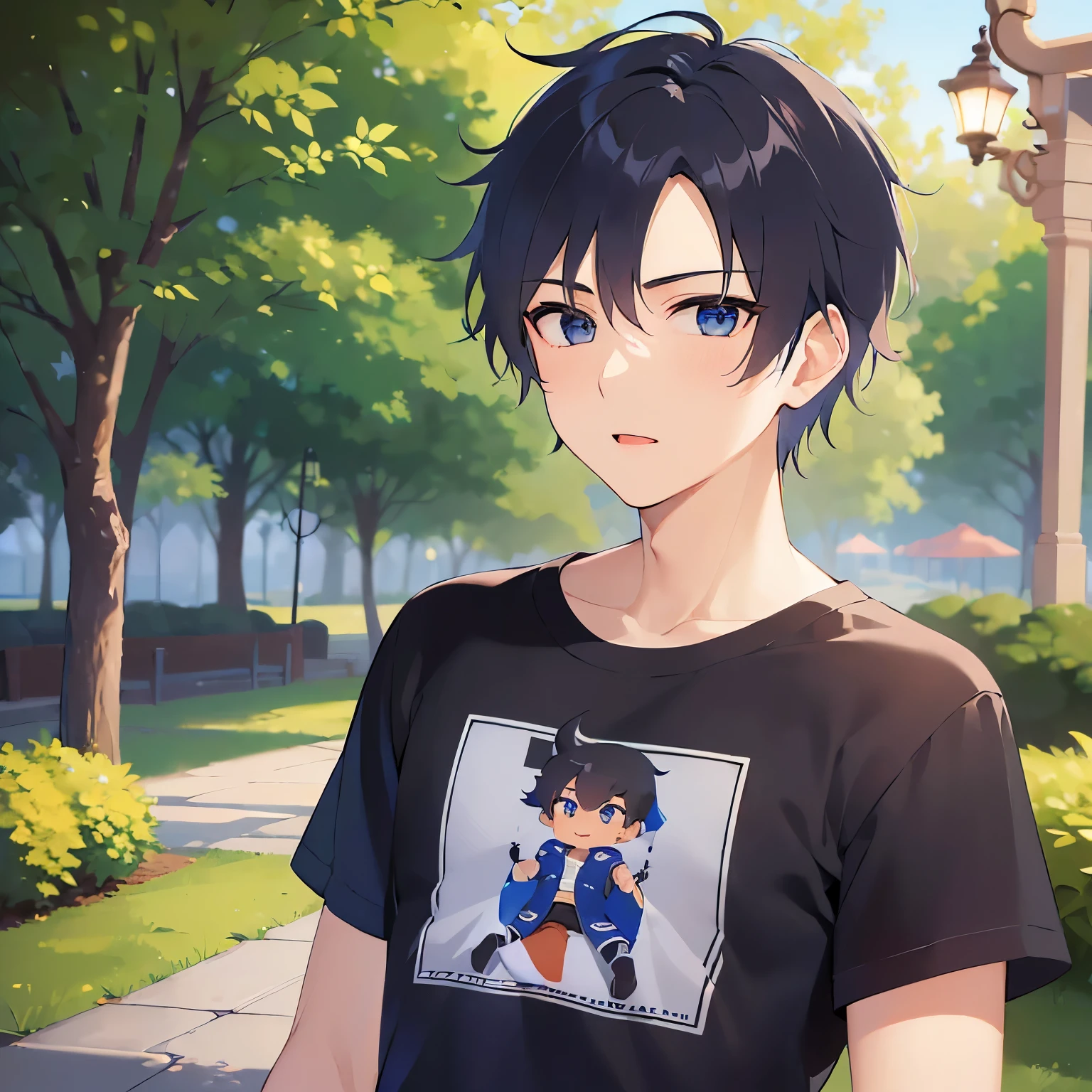 (25-year-old male:1.5) and (Black short hair) and (blue eyes)
(black) and (T-Shirts),(looking at viewer:1.5),upper body,
shiny skin, masterpiece、Highest quality、,serious、blush,
(Night Park:1.5)、(Night Sky:1.5)、grass、