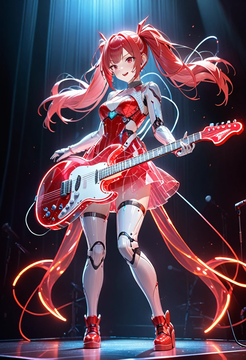 Ultra-high resolution 3D CG concept art.a beautiful female android with red twin-tail hair, a Red translucent body, doll-like expression, playing an electric guitar and singing into a microphone on a live stage filled with excitement, her body connected by red and white tubes that stretch from the stage, a Red glow emanating from the guitar, Cowboy Shot,ultra-detailed, ultra-high resolution, masterpiece, best quality, 16k, ultra-fine painting, cinema lighting, physically based rendering, professional photography、neon sign、noc-wfhlgr