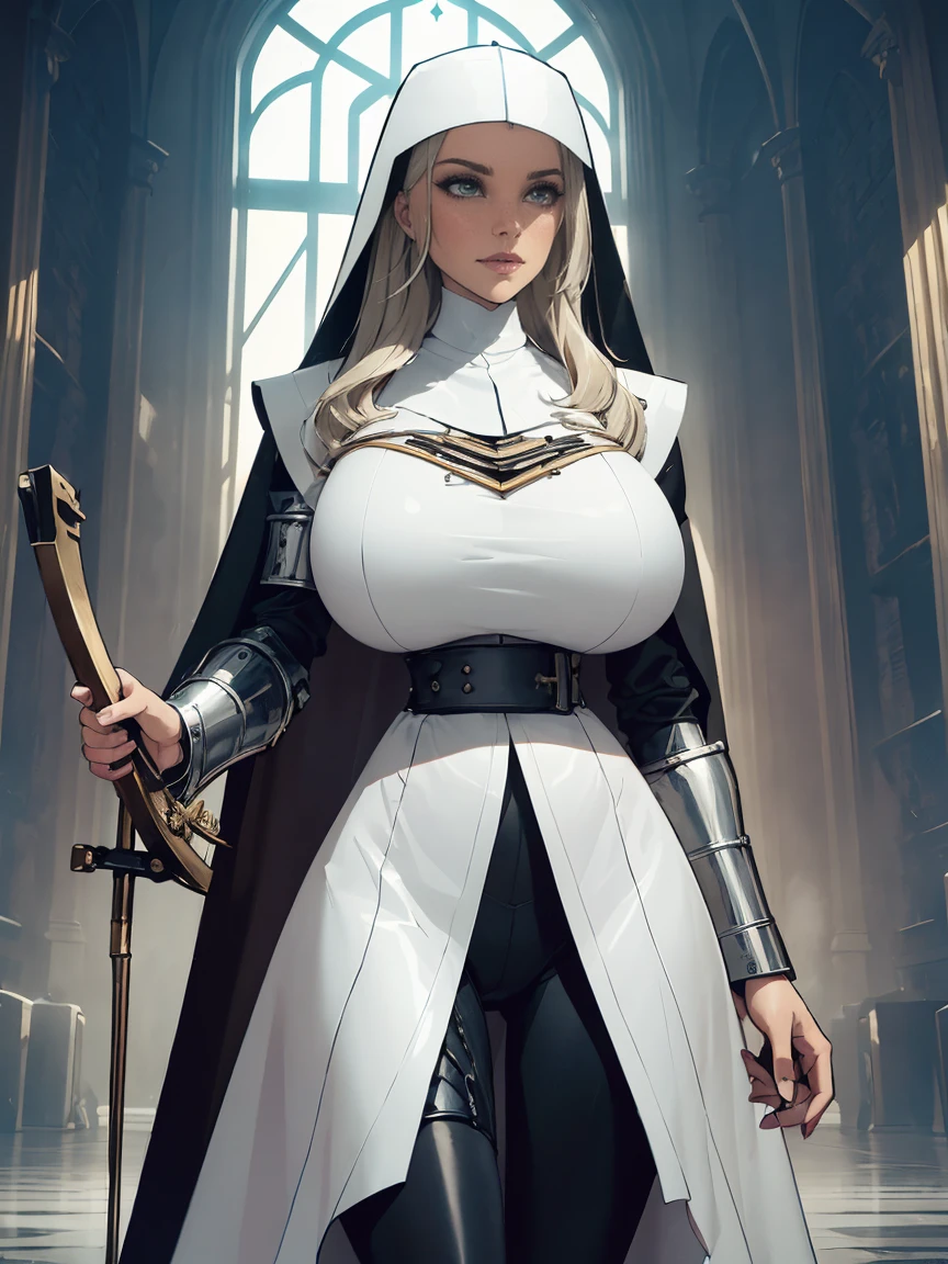 (masterpiece, top quality, best quality, official art, beautiful and aesthetic:1.2), (1girl:1.3), ((Sharp facial features, sharp features, hawkish features)), ((grey eyes)), busty paladin knight girl, extremely detailed, portrait, looking at viewer, solo, (full body:0.6), detailed background, full-body shot, (cold mountain nighttime glacier theme:1.1), holy knight, (nun), charlatan, smirk, mysterious, swaying in mountains, armor, polished metal, gold trim, long boots, white fabric, pelvic curtain, robe, pale leather, ((((nun, crossbow, heavy armor, armored, long legs, robes, prayer scrolls, toned, muscular)))), slim waist, slim hips, long legs, medieval (mountain exterior:1.1) background, dark mysterious lighting, shadows, magical atmosphere, dutch angle