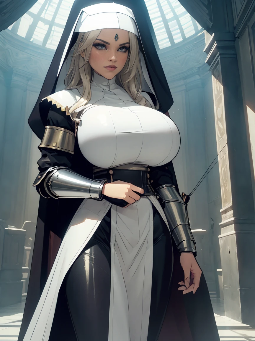 (masterpiece, top quality, best quality, official art, beautiful and aesthetic:1.2), (1girl:1.3), ((Sharp facial features, sharp features, hawkish features)), ((grey eyes)), busty paladin knight girl, extremely detailed, portrait, looking at viewer, solo, (full body:0.6), detailed background, full-body shot, (cold mountain nighttime glacier theme:1.1), holy knight, (nun), charlatan, smirk, mysterious, swaying in mountains, armor, polished metal, gold trim, long boots, white fabric, pelvic curtain, robe, pale leather, ((((nun, crossbow, heavy armor, armored, long legs, robes, prayer scrolls, toned, muscular)))), slim waist, slim hips, long legs, medieval (mountain exterior:1.1) background, dark mysterious lighting, shadows, magical atmosphere, dutch angle