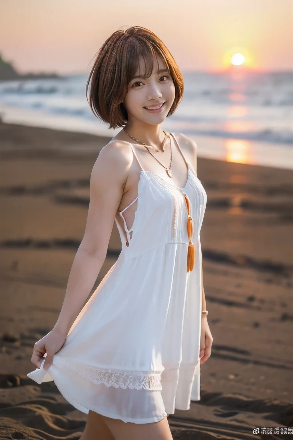 (Standing on the beach watching the sunset:1.5)、(A kind smile:1.5)、(18-year-old female:1.5)、(The best quality at its best:1.4), (Super detailed), (Very detailed CG unified 16k), Beautiful woman with perfect figure: 1.4, Sharp focus: 1.2, Very detailed, High-quality RAW color photos, Professional photography, Great face and eyes, cosmetics, (Amazingly beautiful girl), ((Cute grey dress:1.5)), Realistic movie faces, Full body long view from head to toe, Realistic, ((Realistic natural orange red hairstyle)), ( Short Bob Hair:1.5), (necklace:1.5)、, Very beautiful face, Perfect model beauty, Mouth swelling, Highly detailed face and skin texture, Fine grain, double eyelid, Medium chest, (masterpiece), Highest quality, High resolution, Very detailed, Blurred Background, Depth of written boundary, Cinema Lighting, Great legs, , Clear, well-maintained skin,((Full body shot from head to toe:1.5))