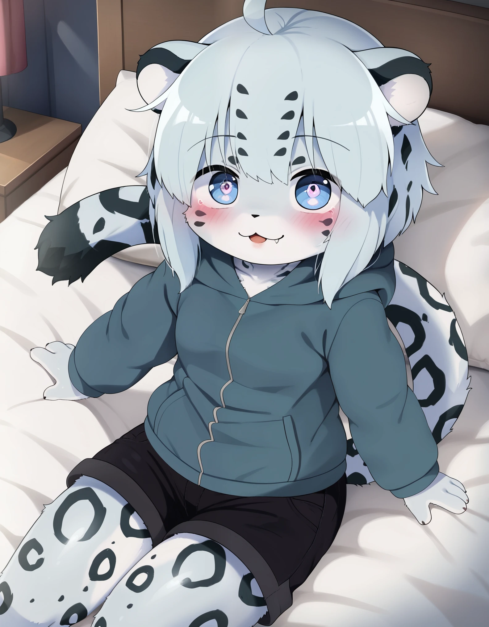 solo, 1girl, female, furry, kemono, anthro, cute face, young, white hair, blue eyes, fluffy body, body fur, short hair, ahoge, bangs, animal ears, tail, leopard ears, leopard tail, detailed eyes, brilliant eyes, 4 fingers, pawpads, perfect anatomy, detailed skin, detailed eyes, detailed lips, perfect hands, perfect face, happy, :D,  BREAK black shorts, short shorts, hoodie, hood, BREAK seated on bed, bed, bedroom, blue room, looking at viewer, indoors, colorful, dutch angle, BREAK ((ultra-detailed)), ((best quality)), ((best quality)), ((beautiful eyes)), ((extremely detailed)), 4K, (8K), best quality, (beautiful), Master piece, highres, score_9, score_8_up, score_7_up, score_6_up, colorful, best quality, official art, highres, masterpiece, nai3, god light, detailed background, high quality background,AddXL,