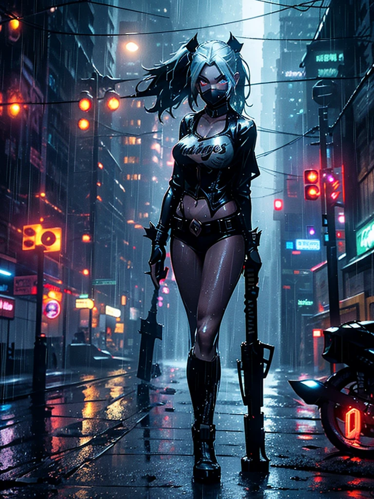 Harley Quinn, dressed in the Batman suit, stands confidently on the rain-soaked streets of Gotham City at night. The dark, wet pavement glistens under the intense downpour, highlighting the intricate details of her Batsuit. Her expression is stern, masked gaze fixed forward. A long, black cape billows behind her, flapping in the wind as she stands firm against the torrential rain. Neon lights from nearby signs and buildings cast an eerie glow, illuminating the dark atmosphere. The rain-soaked streets stretch out before her, leading into the distance with a sense of depth and perspective. Harley's drenched appearance adds to the gritty, dystopian ambiance.