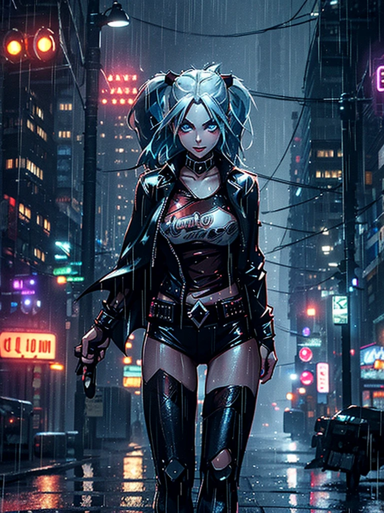 Harley Quinn, dressed in the Batman suit, stands confidently on the rain-soaked streets of Gotham City at night. The dark, wet pavement glistens under the intense downpour, highlighting the intricate details of her Batsuit. Her expression is stern, masked gaze fixed forward. A long, black cape billows behind her, flapping in the wind as she stands firm against the torrential rain. Neon lights from nearby signs and buildings cast an eerie glow, illuminating the dark atmosphere. The rain-soaked streets stretch out before her, leading into the distance with a sense of depth and perspective. Harley's drenched appearance adds to the gritty, dystopian ambiance.