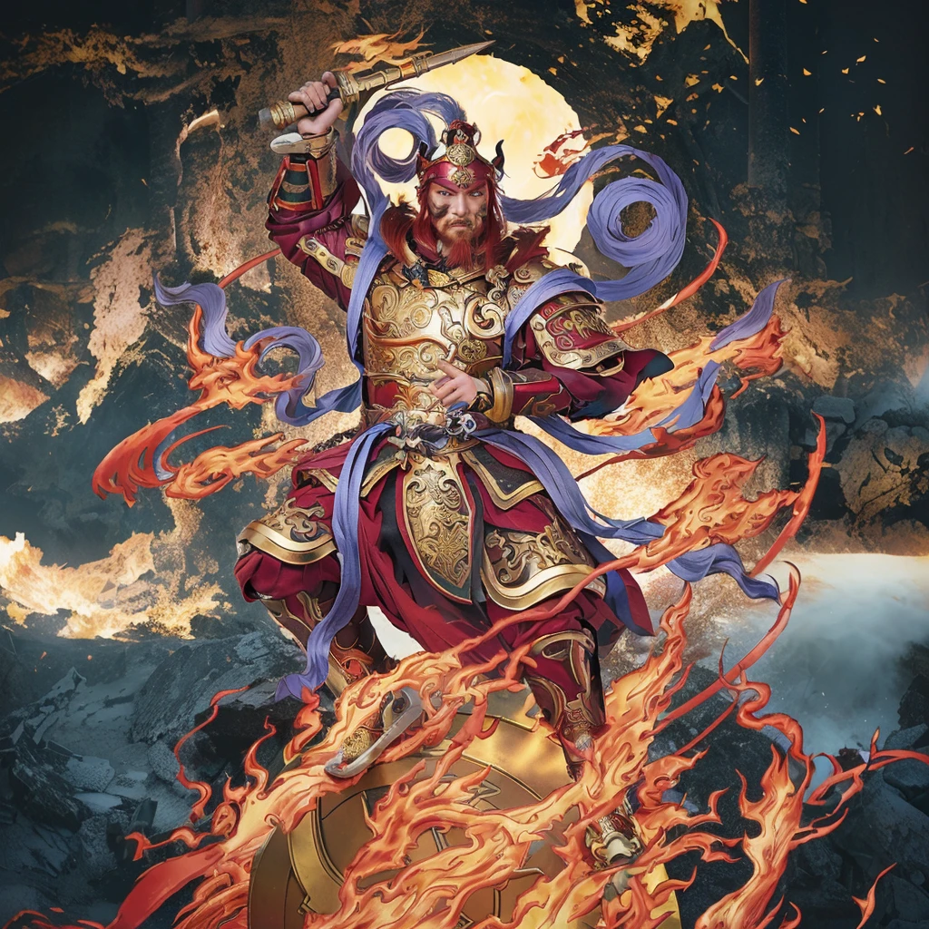 red hair male Chinese warrior (3 eyes) asura look, ancient Chinese armour, surrounded by fire, sending on a huge wheel, holding a metal whip weapon (sword), purple deity ribbon, fierce look, 