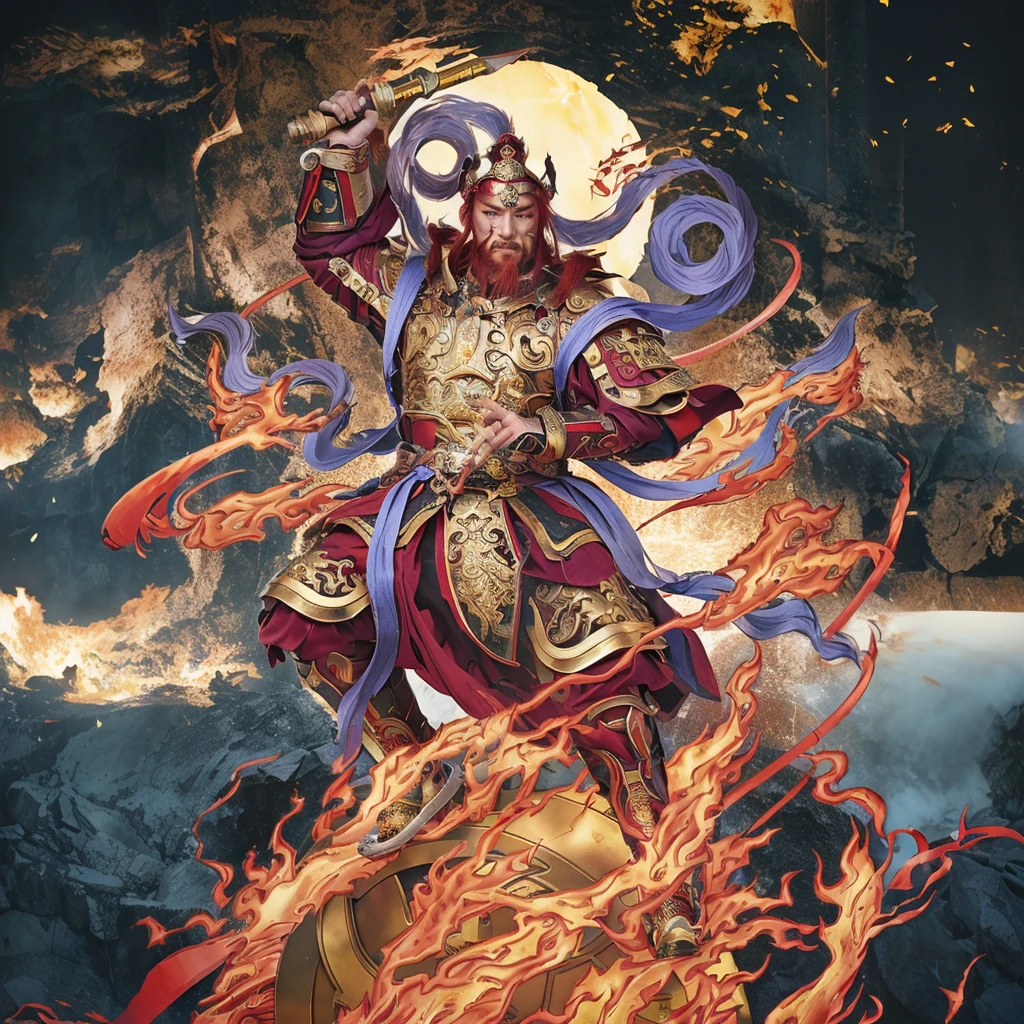 red hair male Chinese warrior (3 eyes) asura look, ancient Chinese armour, surrounded by fire, sending on a huge wheel, holding a metal whip weapon (sword), purple deity ribbon, fierce look, 