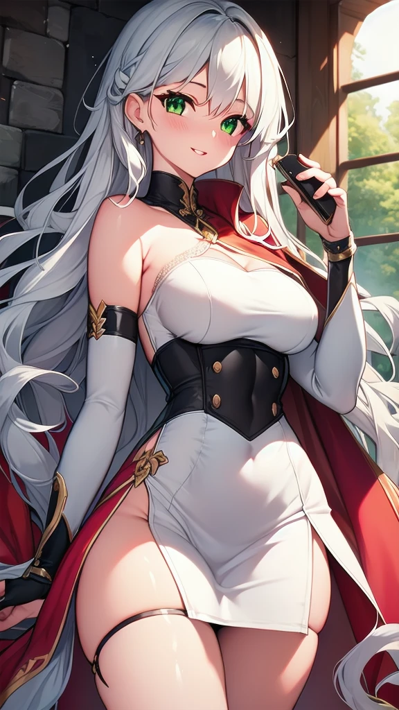 (masterpiece, best quality, ultra-detailed, best shadow), solo girl, gray hair, green eyes, long hair, medium breasts, sexy body and face, wavy hair, smile, parted lips, red lips, circlet, skirt, bridal gauntlets, jewelry, cape, bare shoulders, sandals, sleeveless dress, red cape, long sleeves, wide sleeves, side slit, white dress, detached sleeves, turtleneck, ribbon, pink dress, fingerless gloves, cafe, sexy pose, cowboy shots, sharp focus, vibrant, creative, dynamic, high definition, high resolution, 8k, (Upscale: R-ESRGAN 4x+ Anime6mage enchance:4x), voluptuous body, cinema lightning, dakimakura style, looking at the viewer,