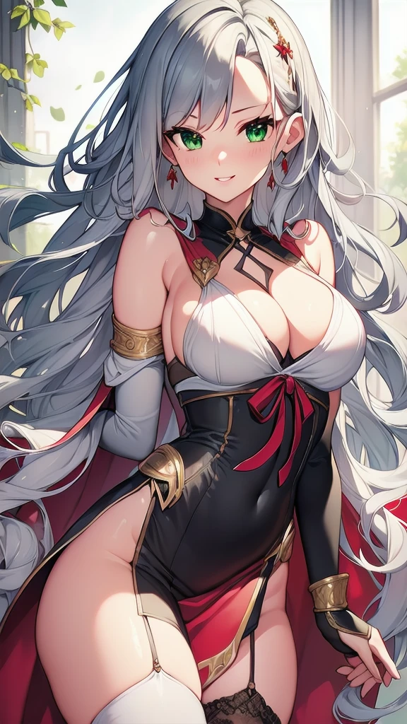 (masterpiece, best quality, ultra-detailed, best shadow), solo girl, gray hair, green eyes, long hair, medium breasts, sexy body and face, wavy hair, smile, parted lips, red lips, circlet, skirt, bridal gauntlets, jewelry, cape, bare shoulders, sandals, sleeveless dress, red cape, long sleeves, wide sleeves, side slit, white dress, detached sleeves, turtleneck, ribbon, pink dress, fingerless gloves, cafe, sexy pose, cowboy shots, sharp focus, vibrant, creative, dynamic, high definition, high resolution, 8k, (Upscale: R-ESRGAN 4x+ Anime6mage enchance:4x), voluptuous body, cinema lightning, dakimakura style, looking at the viewer,