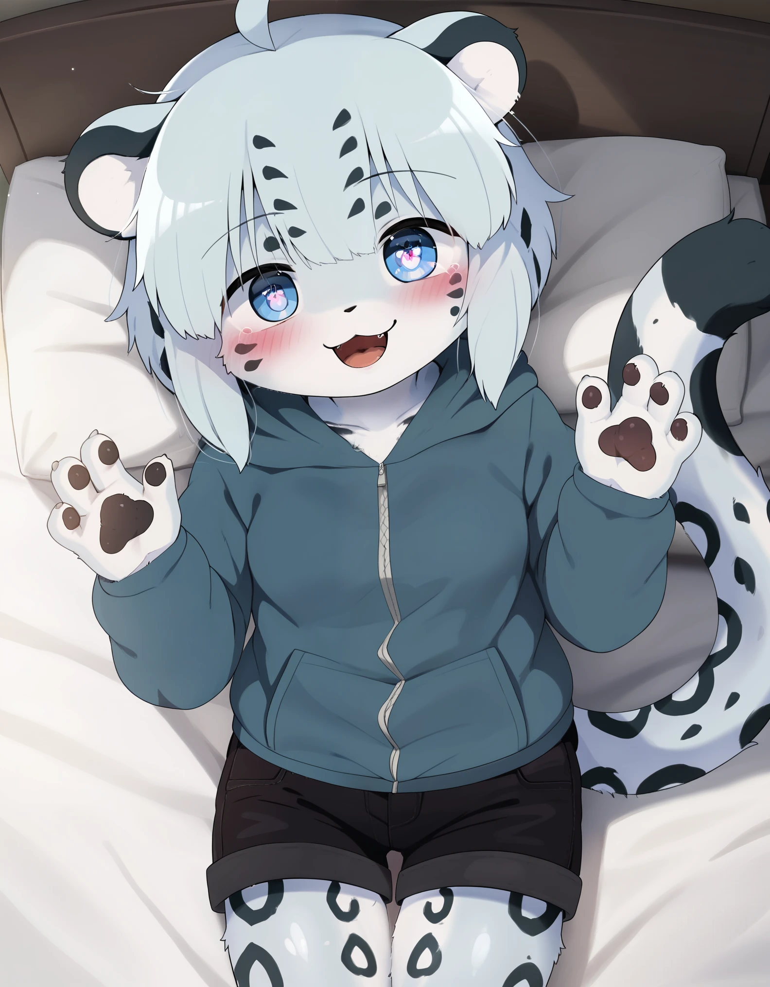 solo, 1girl, female, dagasi_style, cheetah white skin,, furry, kemono, anthro, cute face, young, white hair, blue eyes, fluffy body, body fur, short hair, ahoge, bangs, animal ears, tail, leopard ears, leopard tail, detailed eyes, brilliant eyes, 4 fingers, pawpads, perfect anatomy, detailed skin, detailed eyes, detailed lips, perfect hands, perfect face, happy, :D, BREAK black shorts, short shorts, hoodie, hood, BREAK seated on bed, bed, bedroom, blue room, looking at viewer, indoors, colorful, dutch angle, BREAK ((ultra-detailed)), ((best quality)), ((best quality)), ((beautiful eyes)), ((extremely detailed)), 4K, (8K), best quality, (beautiful), Master piece, highres, score_9, score_8_up, score_7_up, score_6_up, colorful, best quality, official art, highres, masterpiece, nai3, god light, detailed background, high quality background,AddXL