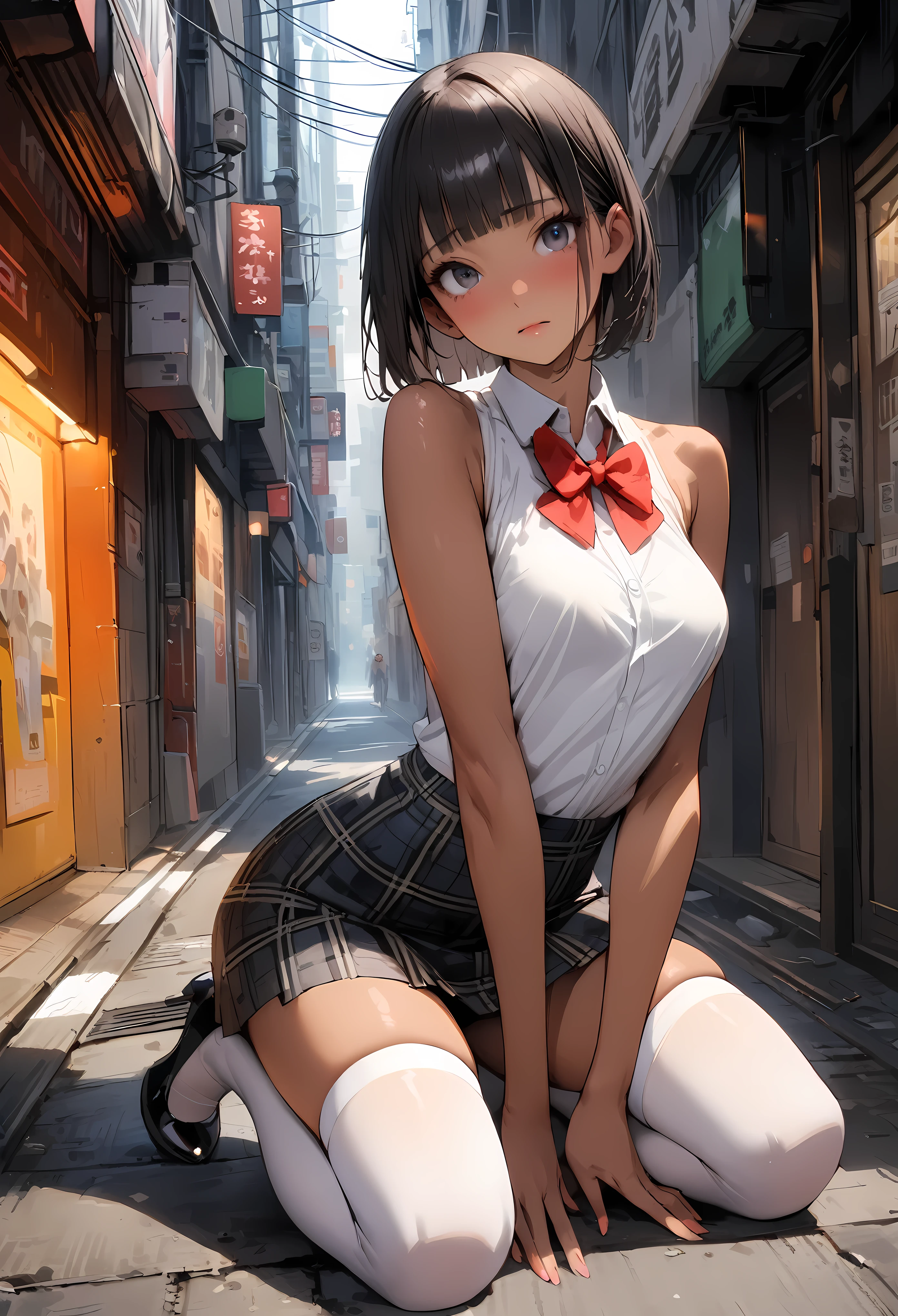 ((masterpiece,Highest quality:1.3,best quality illustration)),((realistic)),cowboy shot,独奏,1woman,(20 year old beauty),black hair,short bob hair,blunt bangs,black eyes,gorgeous big eyes,((very small head:1.3)),shy,((very long body:1.3,skinny,tan skin)),medium breasts,(Red bow tie、White sleeveless shirt、Black plaid mini skirt、white_thighhighs),Black pumps、gleaming skin,toned body,slender body,kneeling,Back Alley、neon、Shibuya Station、