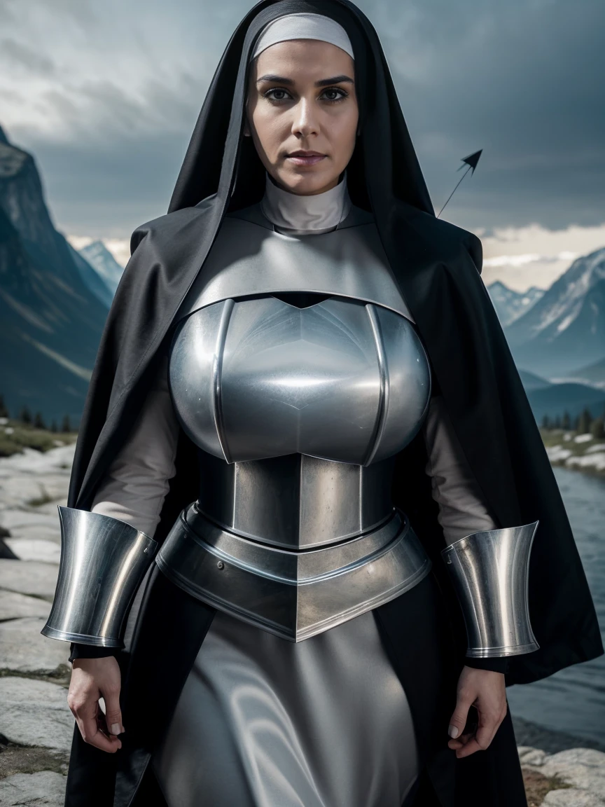 (masterpiece, top quality, best quality, official art, beautiful and aesthetic:1.2), (1girl:1.3), ((Sharp facial features, sharp features, hawkish features)), ((grey eyes)), busty paladin knight girl, extremely detailed, portrait, looking at viewer, solo, (full body:0.6), detailed background, full-body shot, (cold mountain nighttime glacier theme:1.1), holy knight, (nun), charlatan, smirk, mysterious, swaying in mountains, armor, polished metal, gold trim, long boots, white fabric, pelvic curtain, robe, pale leather, ((((kneeling, praying, nun, crossbow, heavy armor, armored, long legs, robes, prayer scrolls, toned, muscular)))), slim waist, slim hips, long legs, medieval (mountain exterior:1.1) background, dark mysterious lighting, shadows, magical atmosphere, dutch angle