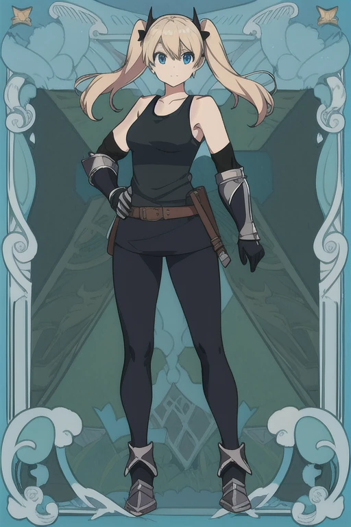 An anime picture, a perfect body, full body, villages background, female warrior, black twin tails, tank top armor, black armor, and black leggings