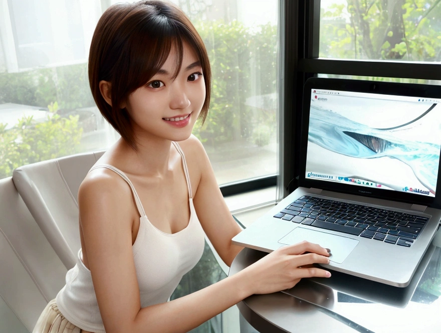 masterpiece, realistic, photorealistic, best quality, beautiful detailed, natural lighting, sharp focus, slim body, abs:1.2, small breasts, best quality real texture skin, Detailed beautiful delicate face and eyes, A beautiful 20-year-old Japanese woman, (((searching the internet on a laptop))), short hair, ((sitting on a dining table chair)), a modern living room, She is wearing a tank top and a mini skirt, has double eyelids, and is smiling while looking directly at the camera. The composition shows her entire body.