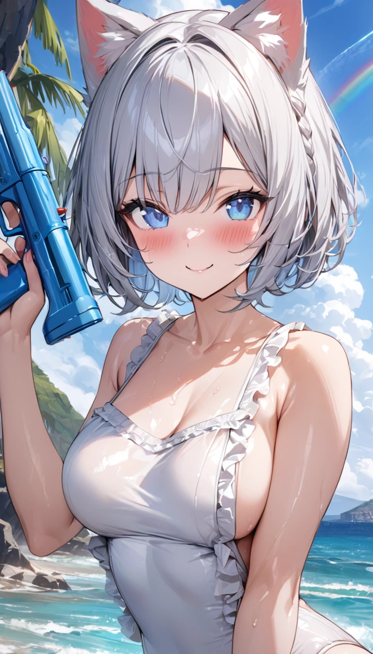 (((best quality)), ((masterpiece)), (details), masterpiece, best quality, high quality, ulutra detailed, perfect face, ((1girl, blue eyes, cat ears: 1.3 silver bob hair: 2.5,)) 、Shiny Hair、Glowing Skin、blush、Lustful look、Sideboob、valley、coastal、Water Play、holding water pistol、Splash、smile、blue sky、A big rainbow shines、White one-piece swimsuit with frills、