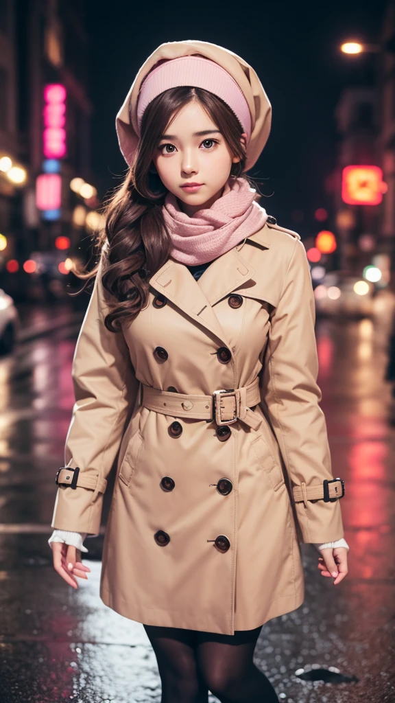1girl with long brown hair wearing a fully buttoned up and belted buckle beige trench coat with a pink bandana headscarf wrapped around her head, large pink winter wool scarf and white gloves at the hard rainy night city street full body 8k