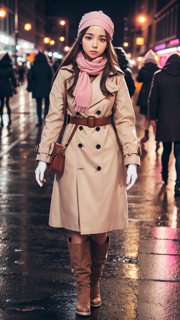 1girl with long brown hair wearing a fully buttoned up and belted buckle beige trench coat with a pink bandana headscarf wrapped around her head, large pink winter wool scarf and white gloves at the hard rainy night city street full body 8k