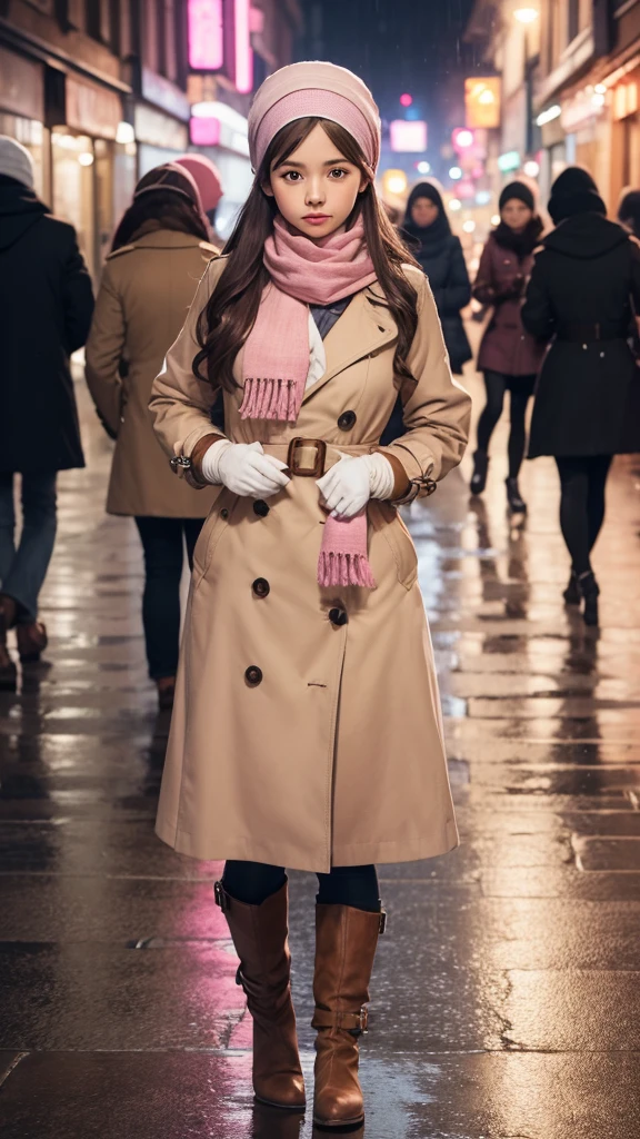 1girl with long brown hair wearing a fully buttoned up and belted buckle beige trench coat with a pink bandana headscarf wrapped around her head, large pink winter wool scarf and white gloves at the hard rainy night city street full body 8k