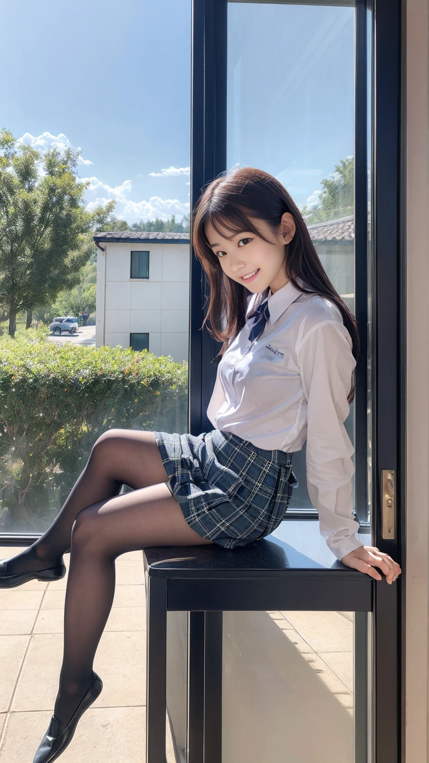 (highest quality),(High resolution),(8K),high school girl,The whole body is shown,(Large Breasts),Long, slender legs,Beautiful feet,Slender,Narrow waist,Black Hair,Small Face,Braid,Glasses,cute,smile,Red bow tie,Light blue tight shirt,A shirt that accentuates the shape of the chest,Navy and blue checked short pleated skirt,mini skirt,Thigh-high socks