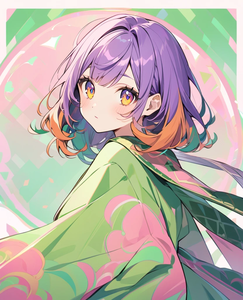 A purple haired girl with orange hair on tips, saffron couloured eyes ,in a green kimono that blended into pink at the ends , with pink patterns on green colour side and green patterns on pink coulred side