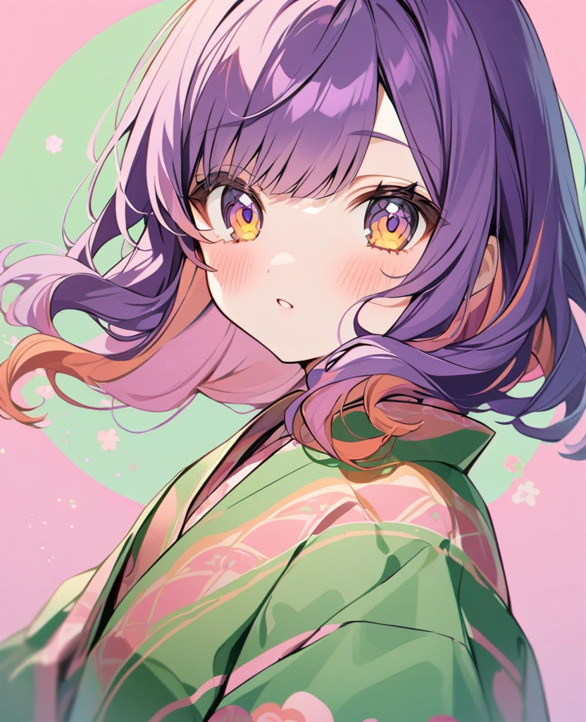A purple haired girl with orange hair on tips, saffron couloured eyes ,in a green kimono that blended into pink at the ends , with pink patterns on green colour side and green patterns on pink coulred side