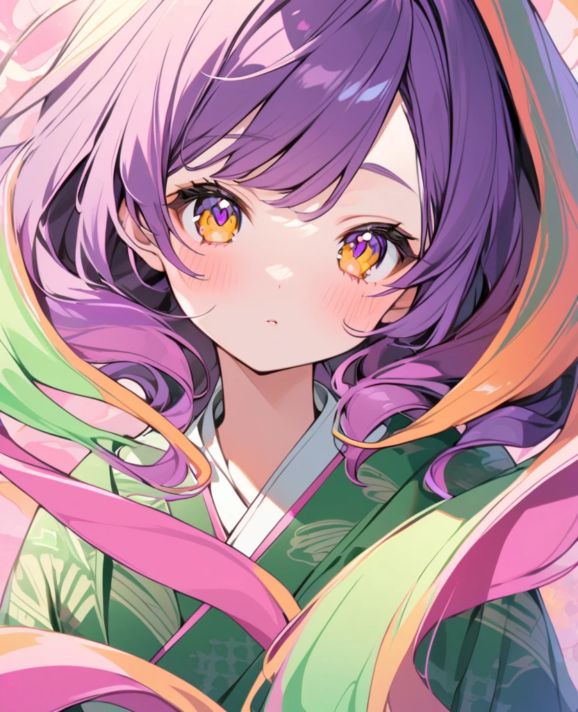 A purple haired girl with orange hair on tips, saffron couloured eyes ,in a green kimono that blended into pink at the ends , with pink patterns on green colour side and green patterns on pink coulred side