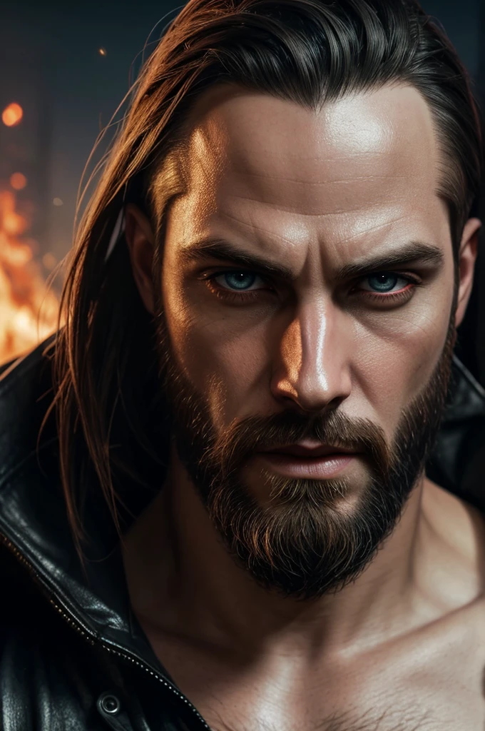 medium shot modelshoot of brutal rocker male , thick beard, wide jaw, medium length hair, (clear face:1.5), tattoo, detailed face, amazing body, natural skin texture, (cinematography:1.2), (photorealistic:1.5), hyperdetailed, heightened detail, (action pose:1.2), (intense emotion:1.2), detailed facial expression, ( detailed surroundings:1.5), intricate, elegant, highly detailed, centered, smooth, sharp focus, 4k textures, soft cinematic light, dim colors, exposure blend, hdr, faded, slate atmosphere, volumetric lighting, environmental light, ( fantastic location:1.5), (action shot:1.5), (vibrant, photo realistic, realistic,  sharp focus, 8k)